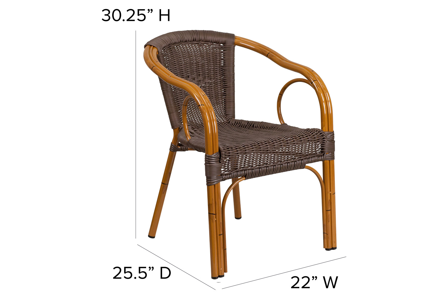 BLNK Cadiz Series Rattan Restaurant Patio Chair with Bamboo-Aluminum Frame - Dark Brown/Red