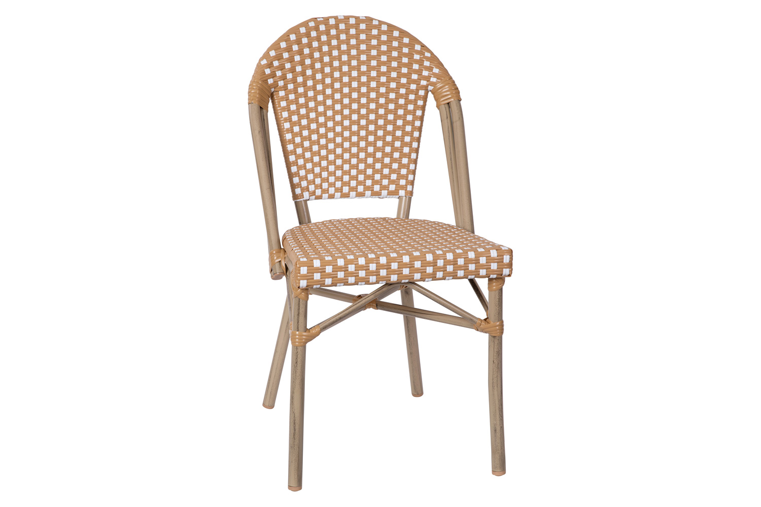 BLNK Lourdes Commercial Indoor-Outdoor French Bistro Stacking Chair with PE Rattan Back and Seat, Bamboo Print Aluminum Frame - Natural/White