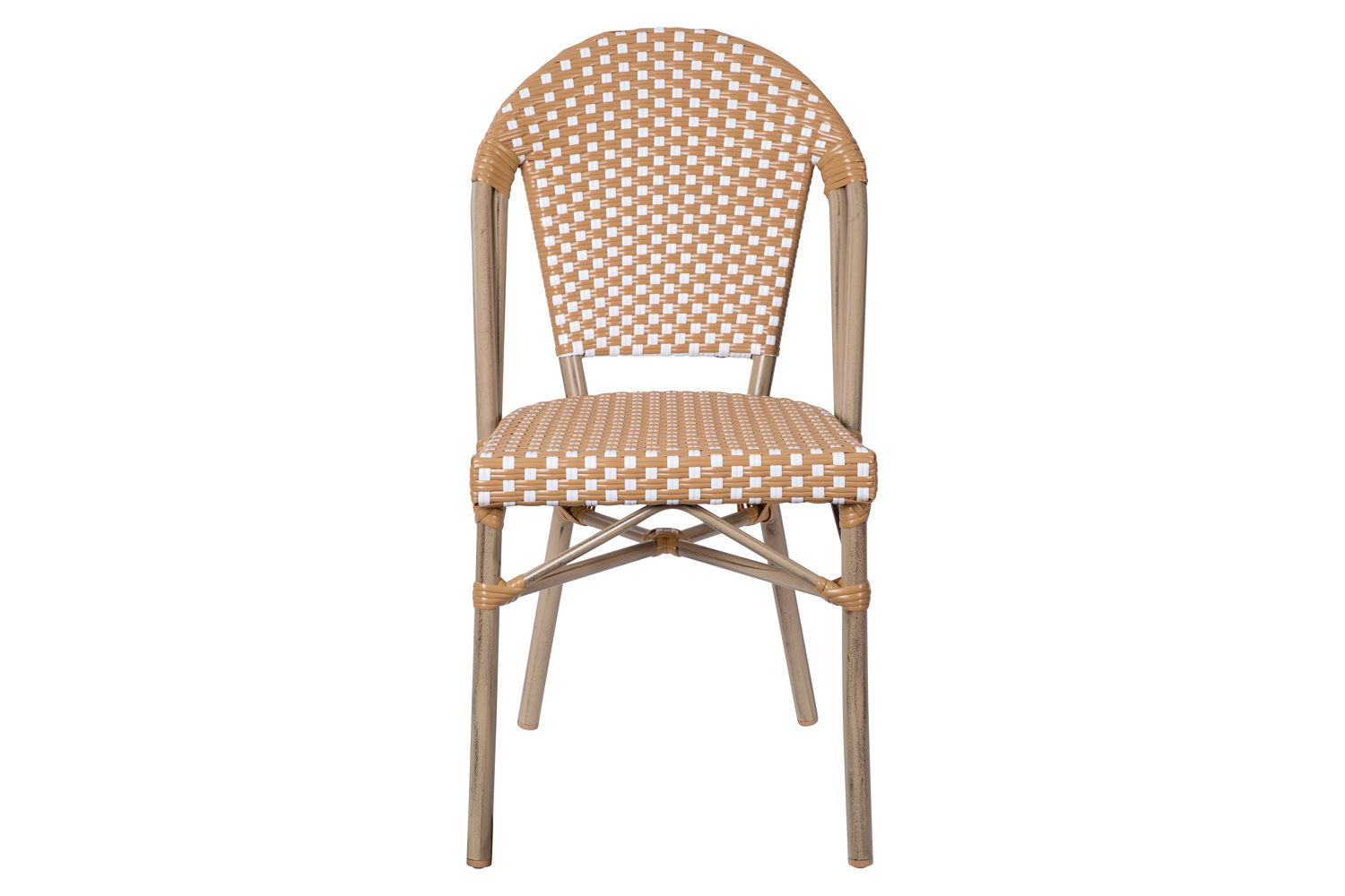 BLNK Lourdes Commercial Indoor-Outdoor French Bistro Stacking Chair with PE Rattan Back and Seat, Bamboo Print Aluminum Frame - Natural/White