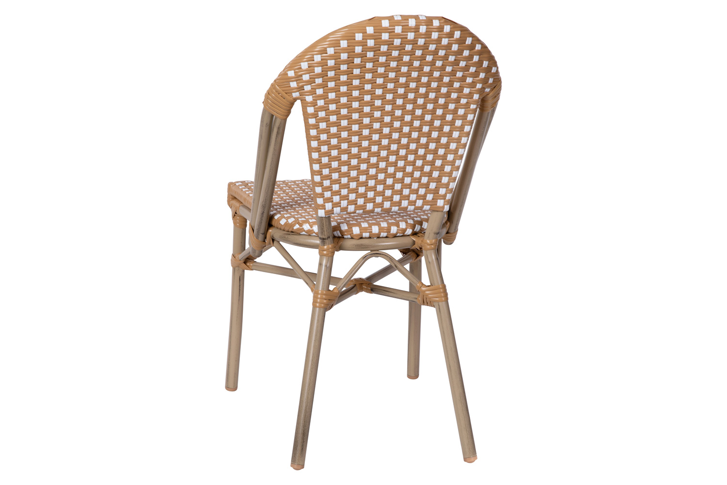 BLNK Lourdes Commercial Indoor-Outdoor French Bistro Stacking Chair with PE Rattan Back and Seat, Bamboo Print Aluminum Frame - Natural/White