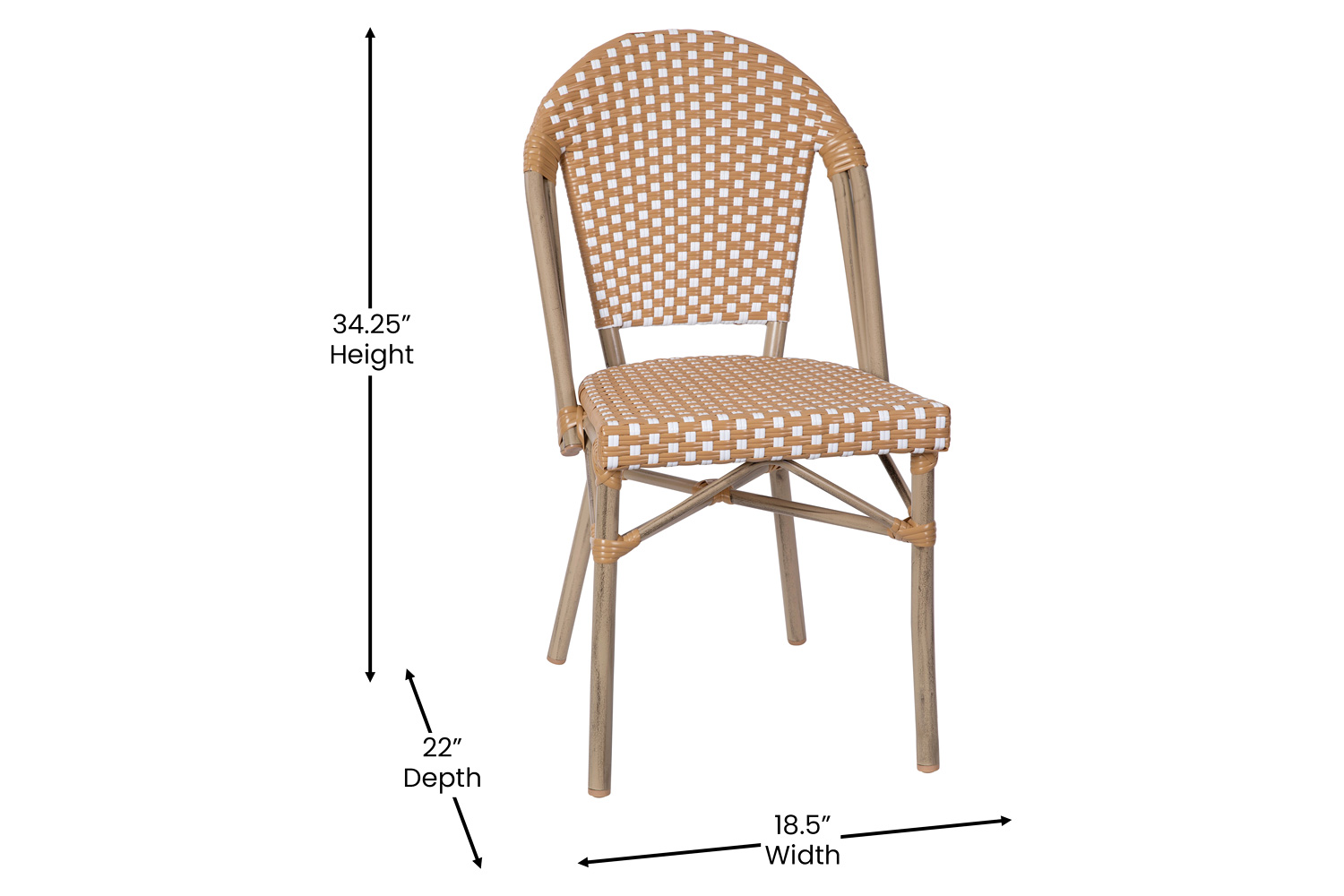 BLNK Lourdes Commercial Indoor-Outdoor French Bistro Stacking Chair with PE Rattan Back and Seat, Bamboo Print Aluminum Frame - Natural/White