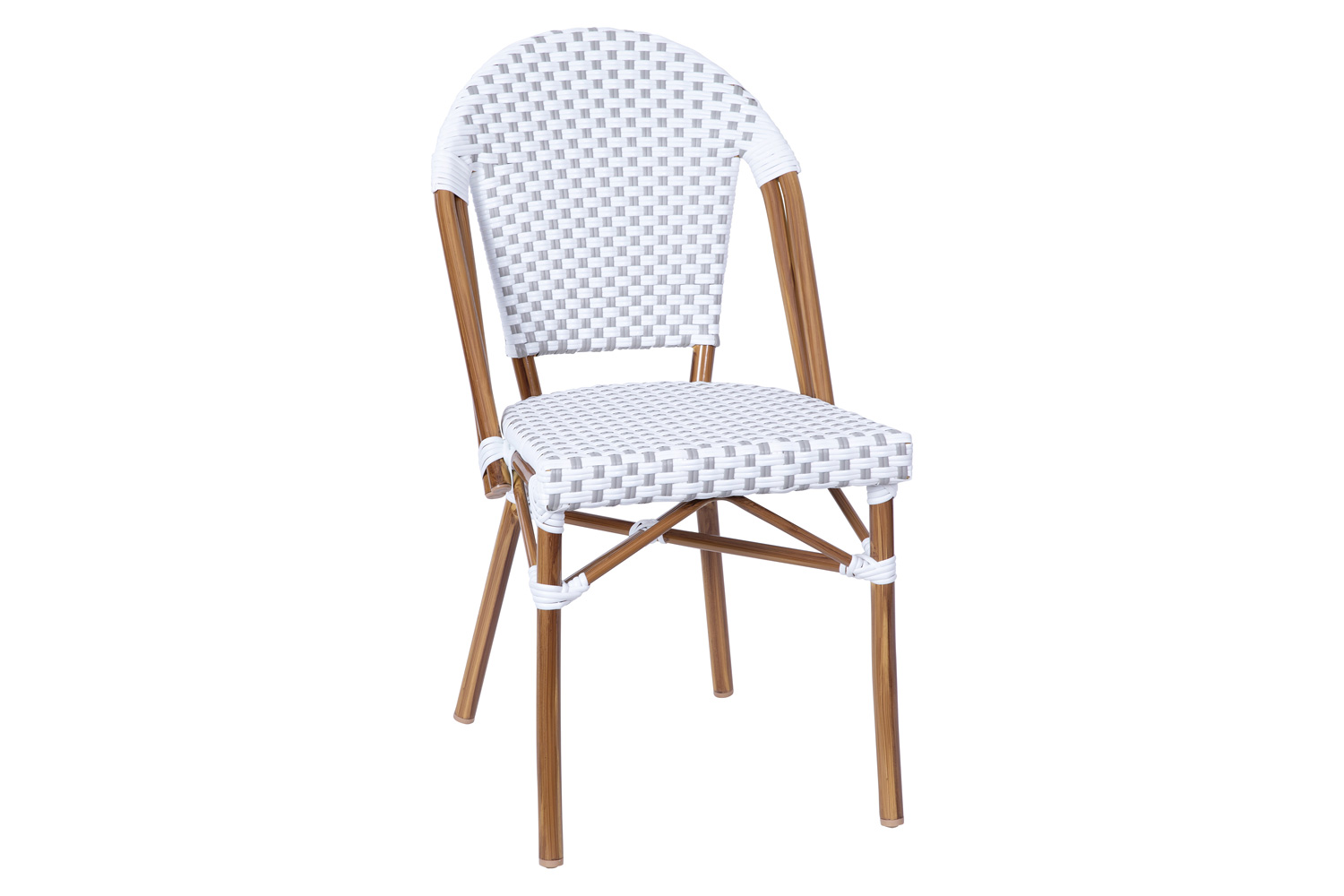 BLNK Lourdes Commercial Indoor-Outdoor French Bistro Stacking Chair with PE Rattan Back and Seat, Bamboo Print Aluminum Frame - White/Gray