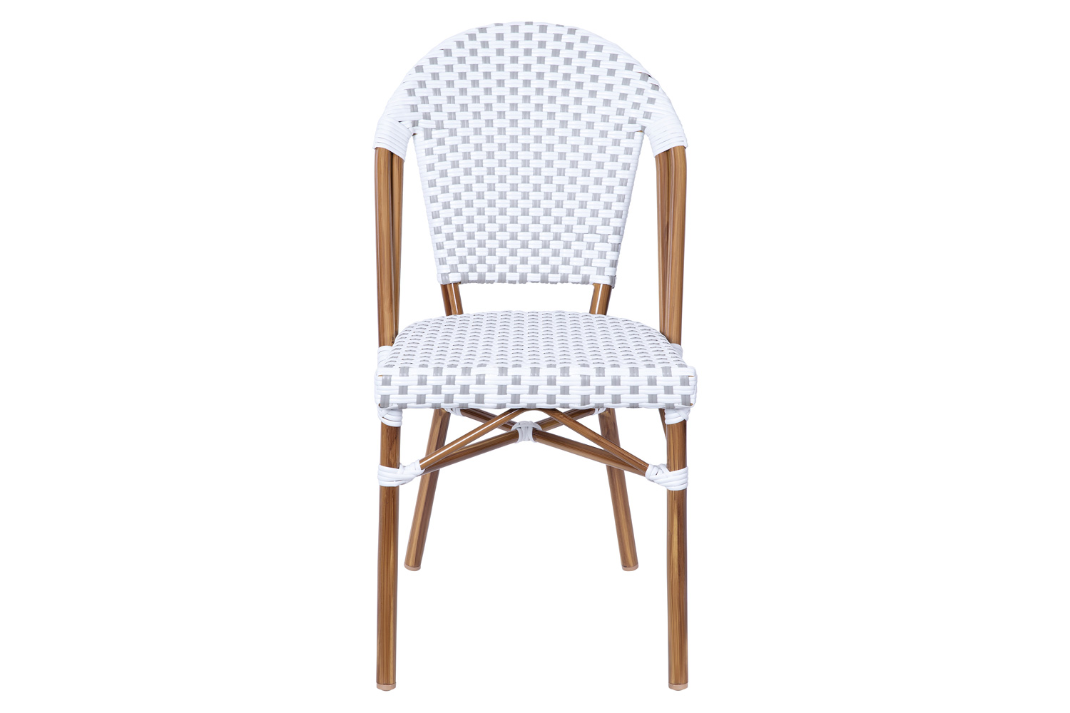 BLNK Lourdes Commercial Indoor-Outdoor French Bistro Stacking Chair with PE Rattan Back and Seat, Bamboo Print Aluminum Frame - White/Gray