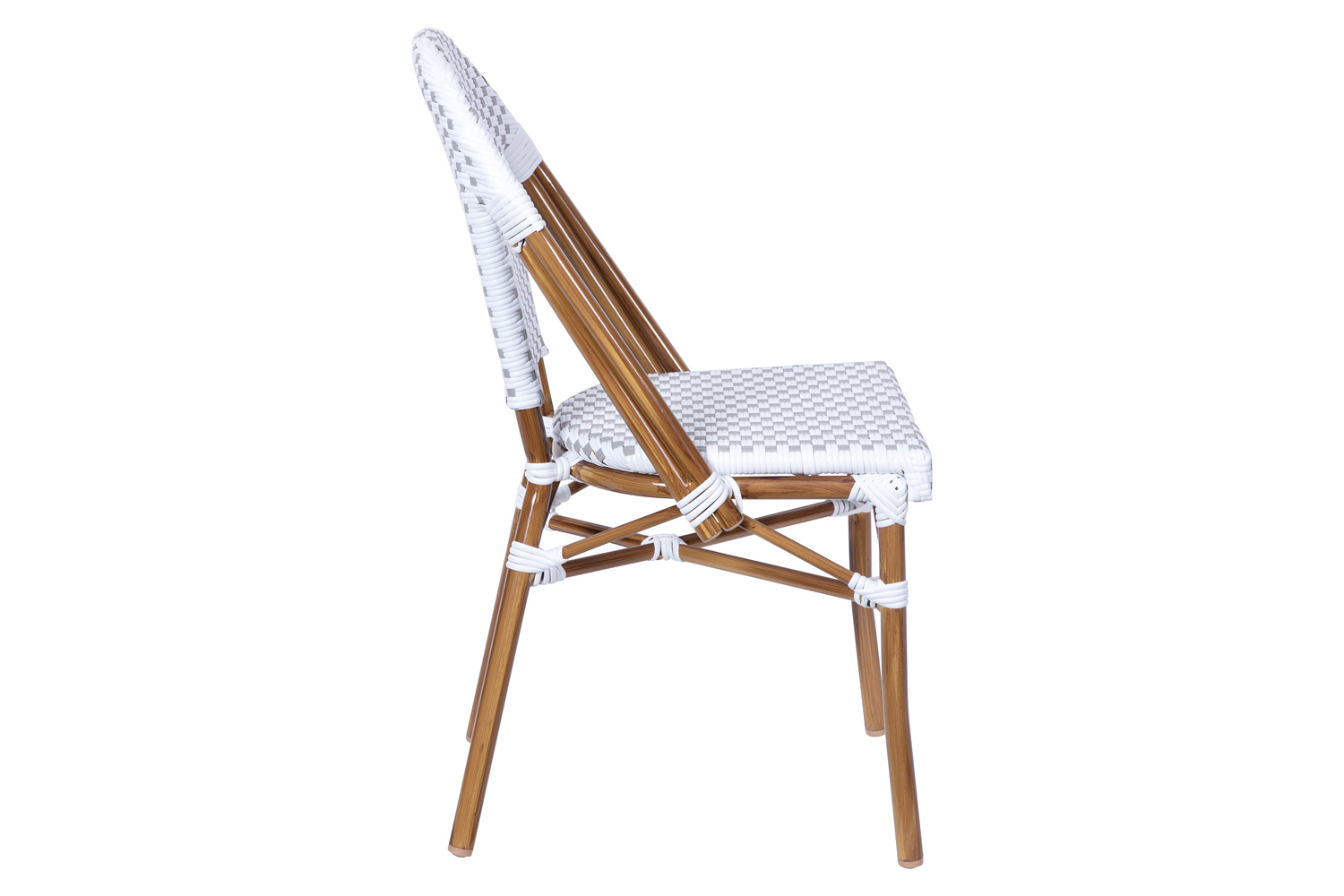 BLNK Lourdes Commercial Indoor-Outdoor French Bistro Stacking Chair with PE Rattan Back and Seat, Bamboo Print Aluminum Frame - White/Gray