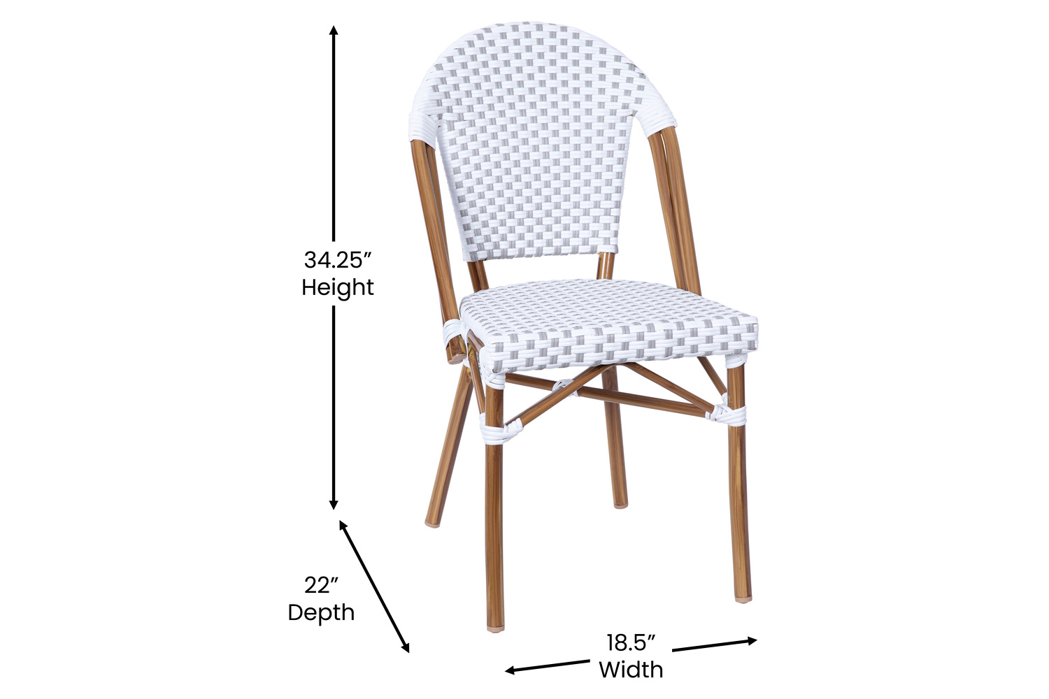 BLNK Lourdes Commercial Indoor-Outdoor French Bistro Stacking Chair with PE Rattan Back and Seat, Bamboo Print Aluminum Frame - White/Gray