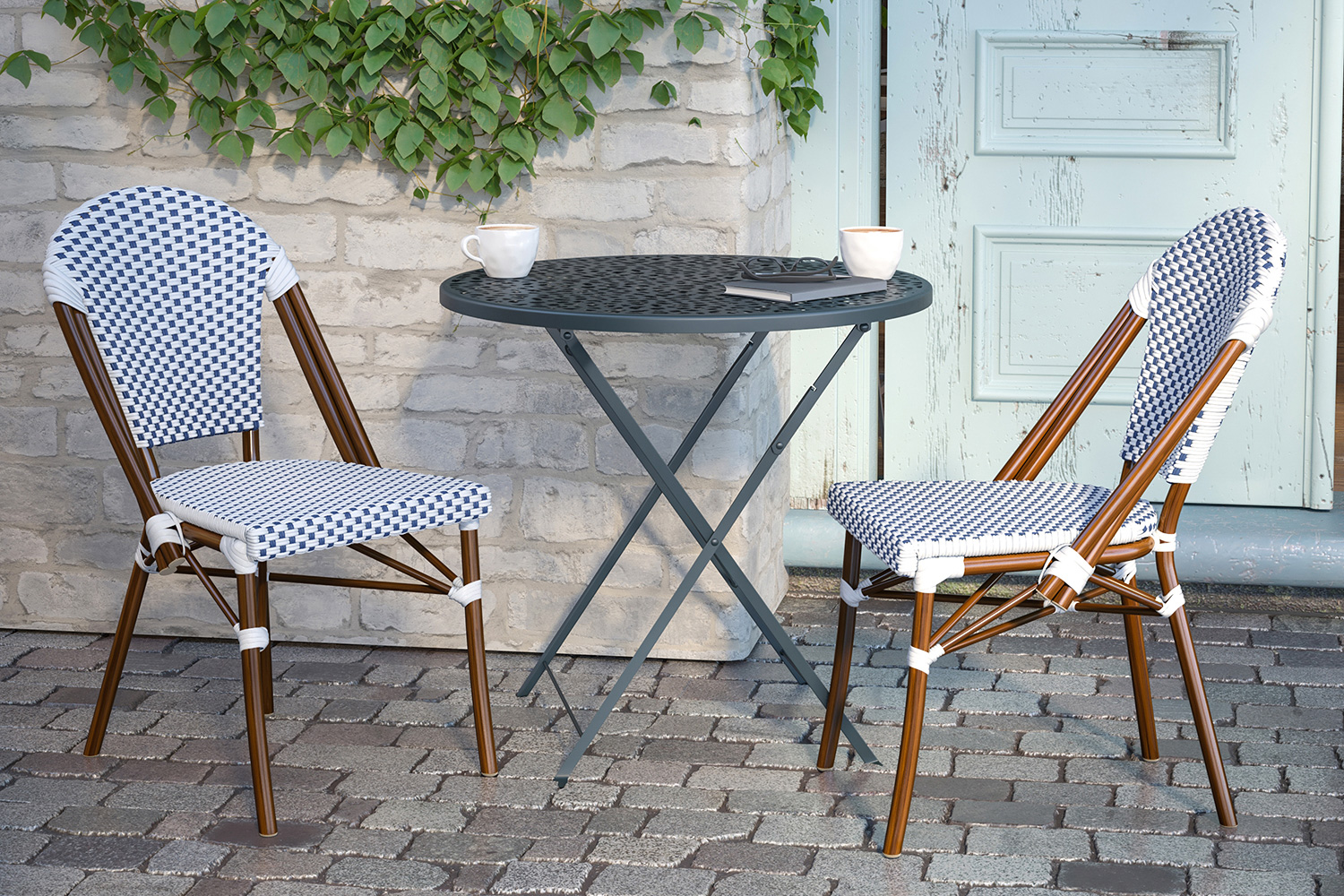 BLNK Lourdes Commercial Indoor-Outdoor French Bistro Stacking Chair with PE Rattan Back and Seat, Bamboo Print Aluminum Frame - White/Navy