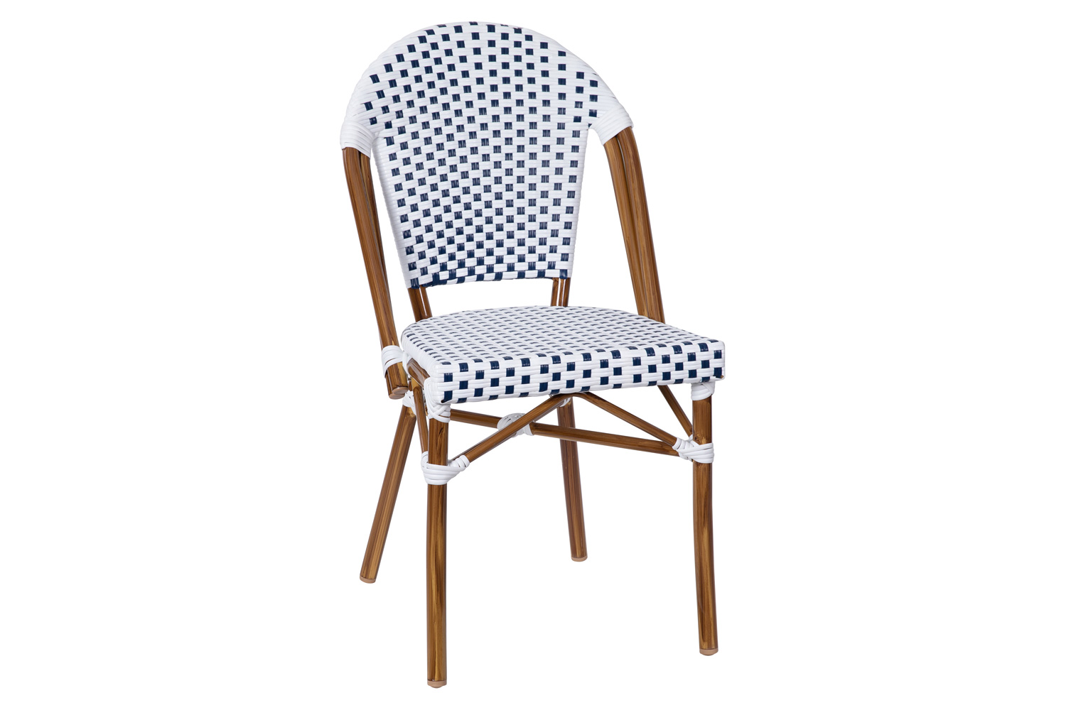 BLNK Lourdes Commercial Indoor-Outdoor French Bistro Stacking Chair with PE Rattan Back and Seat, Bamboo Print Aluminum Frame - White/Navy