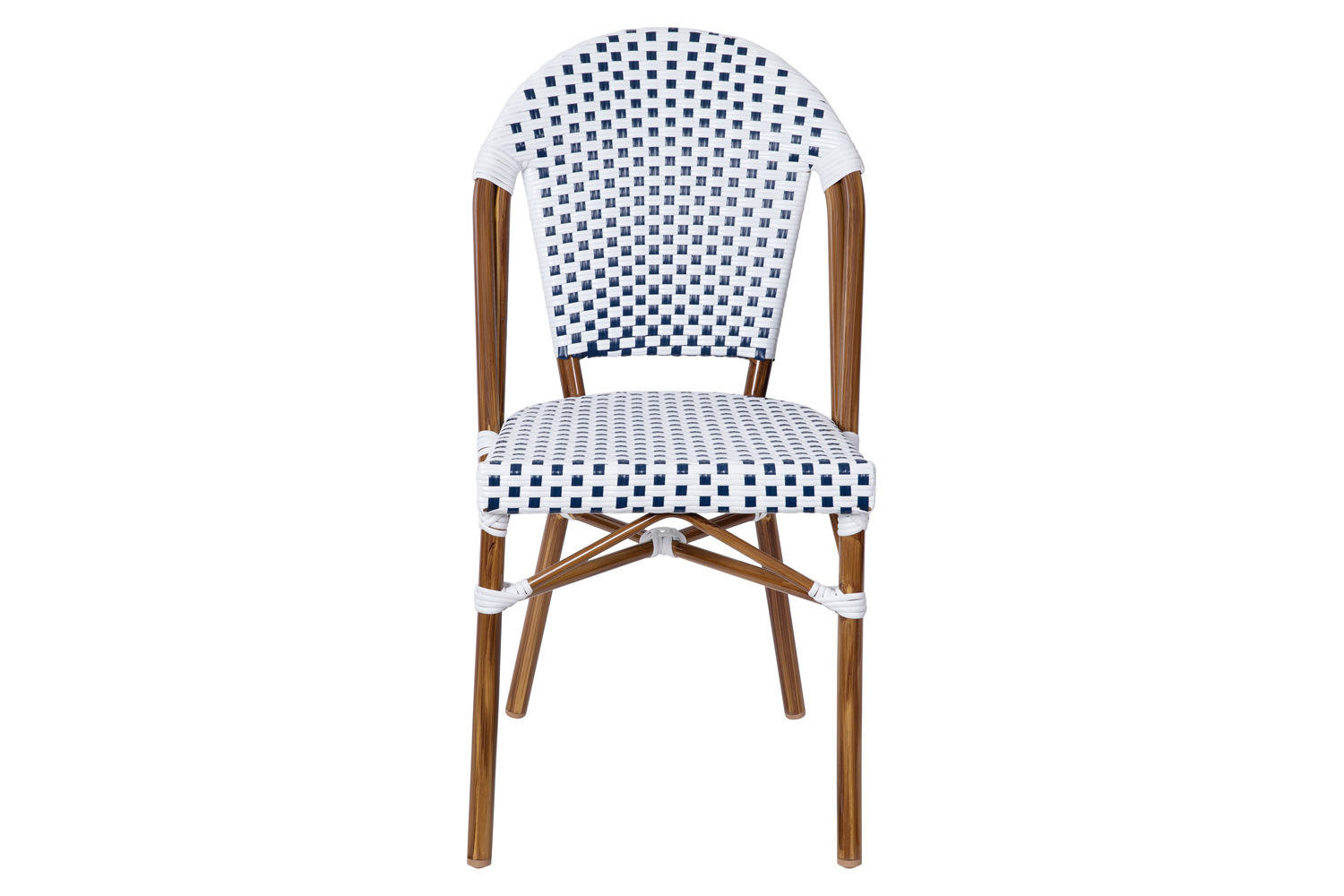 BLNK Lourdes Commercial Indoor-Outdoor French Bistro Stacking Chair with PE Rattan Back and Seat, Bamboo Print Aluminum Frame - White/Navy