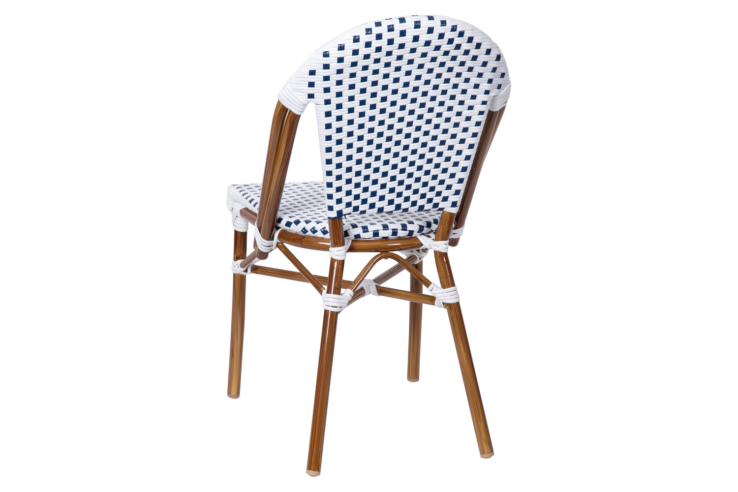 BLNK Lourdes Commercial Indoor-Outdoor French Bistro Stacking Chair with PE Rattan Back and Seat, Bamboo Print Aluminum Frame - White/Navy