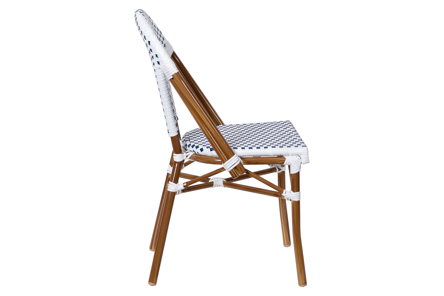 BLNK Lourdes Commercial Indoor-Outdoor French Bistro Stacking Chair with PE Rattan Back and Seat, Bamboo Print Aluminum Frame - White/Navy