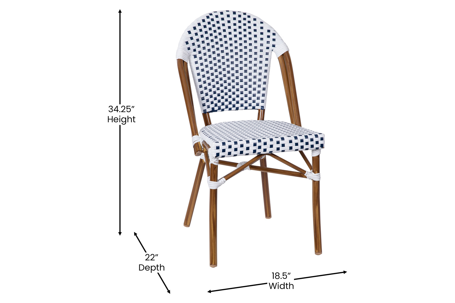 BLNK Lourdes Commercial Indoor-Outdoor French Bistro Stacking Chair with PE Rattan Back and Seat, Bamboo Print Aluminum Frame - White/Navy