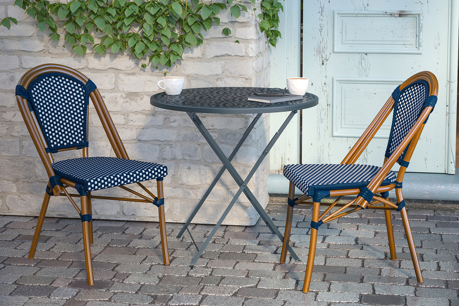 BLNK Bordeaux Commercial Indoor-Outdoor French Bistro Stacking Chair - Navy/White