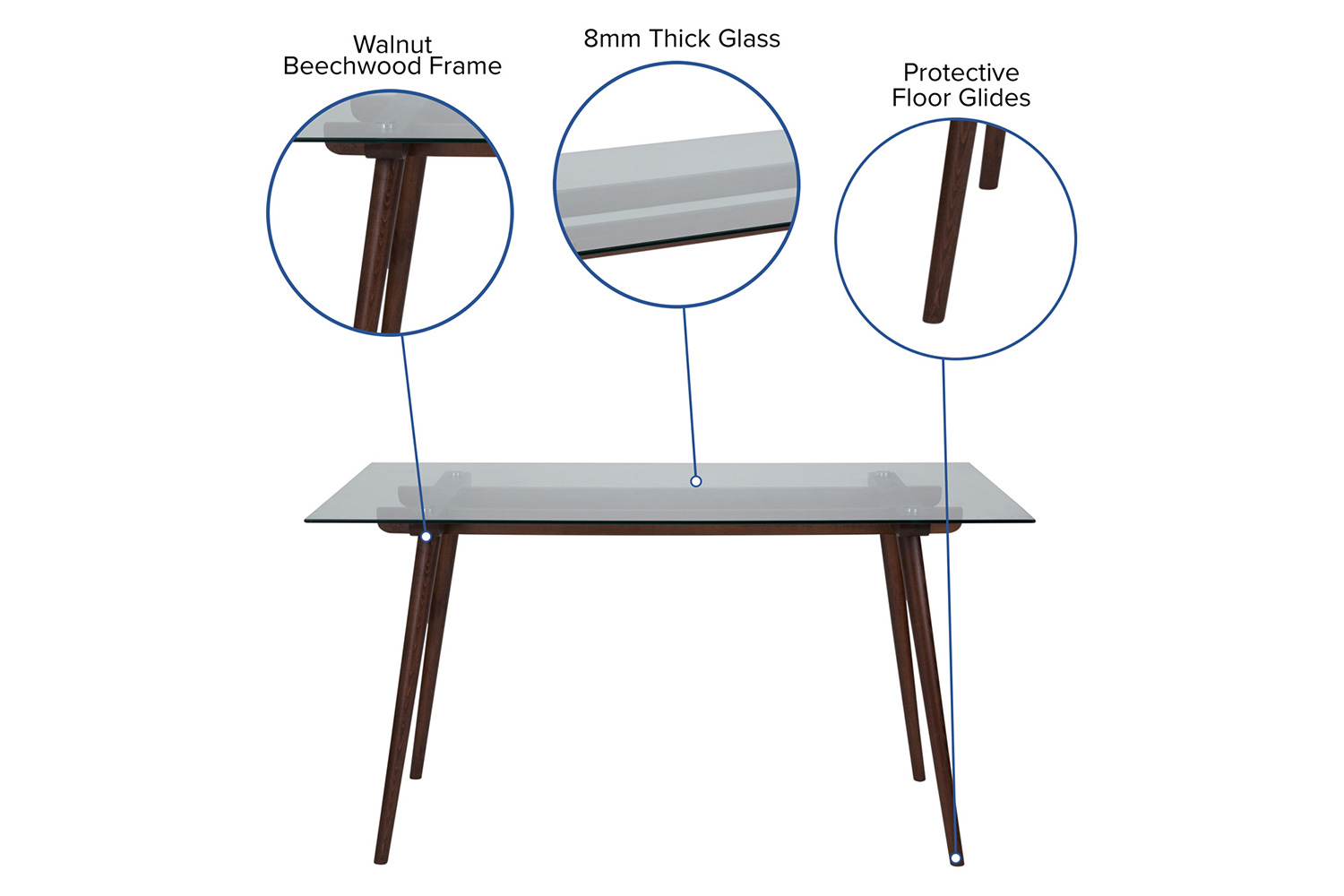 BLNK Meriden Rectangular Wood Solid Table with Clear Glass Top - Walnut