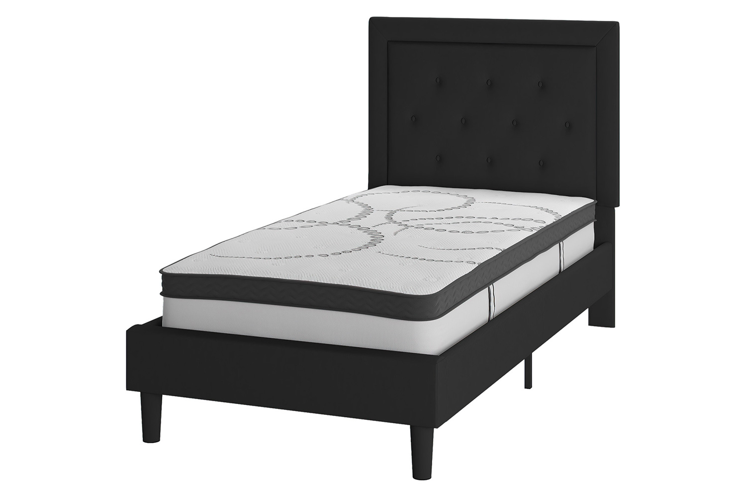 BLNK Roxbury Tufted Upholstered Platform Bed with 10" CertiPUR-US Certified Pocket Spring Mattress - Black, Twin Size