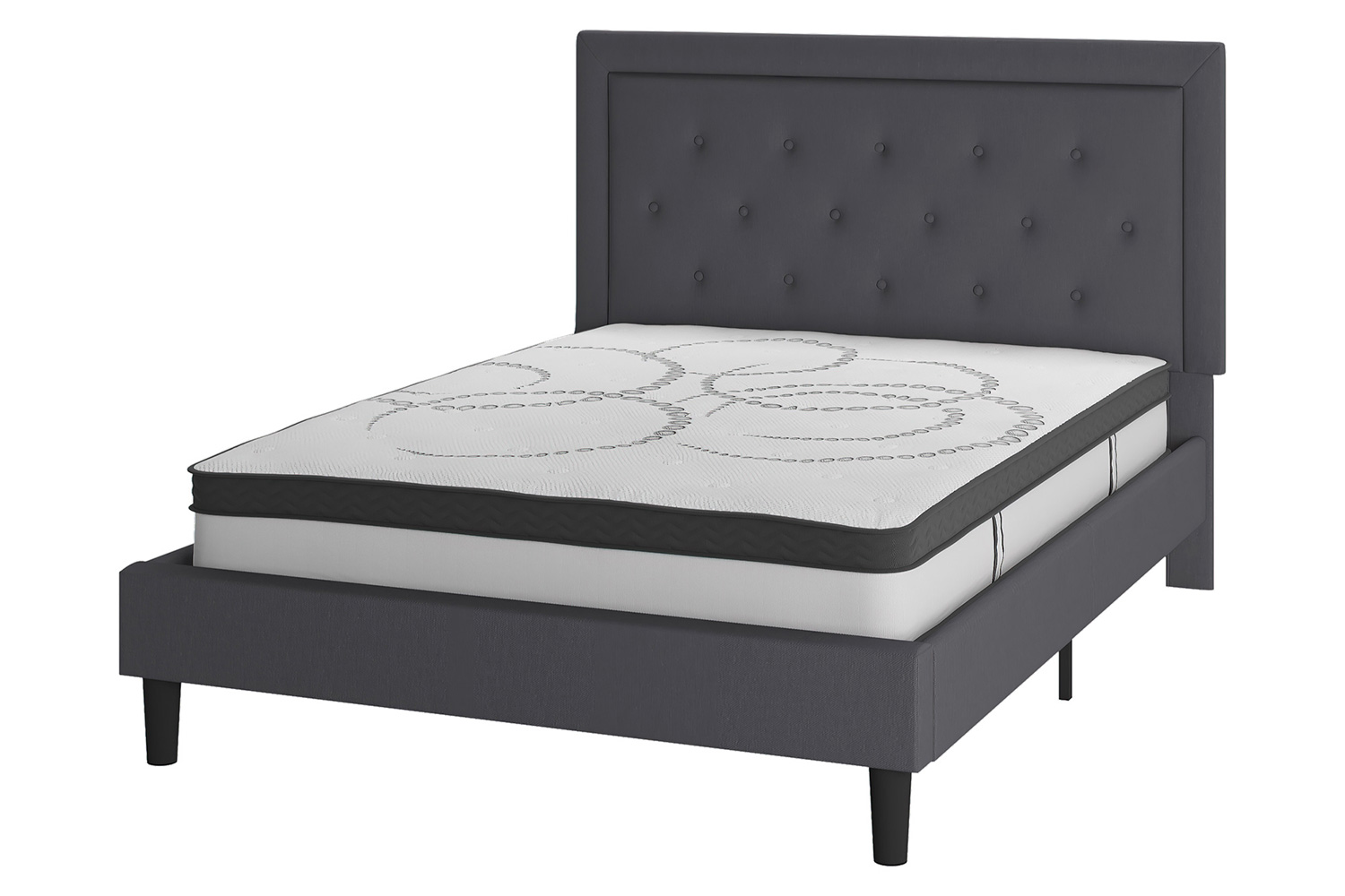 BLNK Roxbury Tufted Upholstered Platform Bed with 10" CertiPUR-US Certified Pocket Spring Mattress - Dark Gray, Queen Size