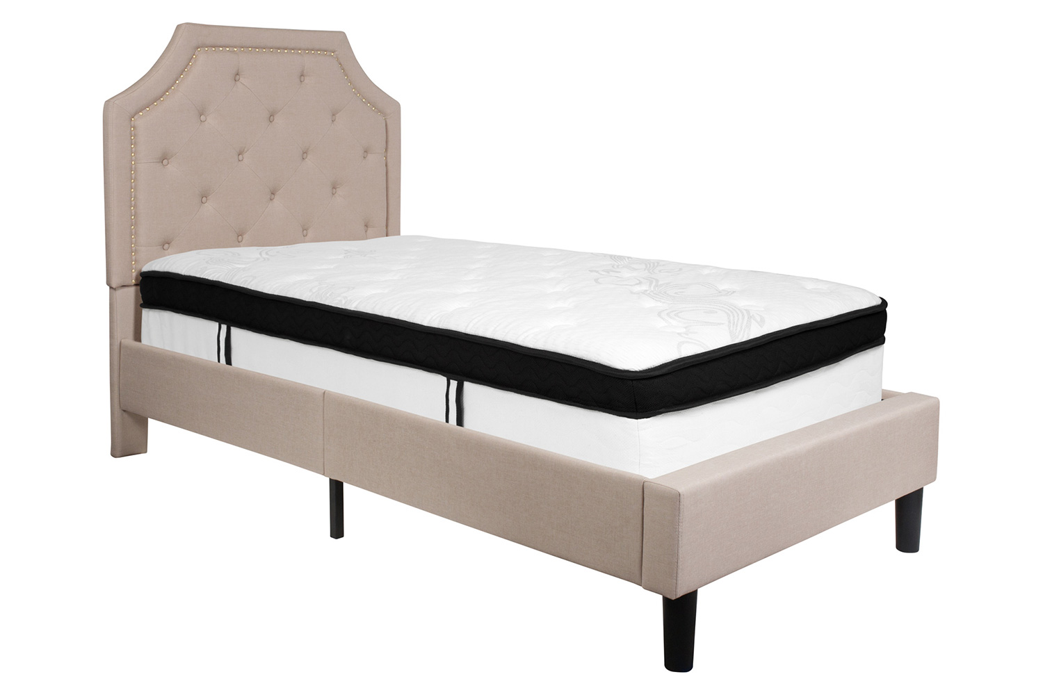 BLNK Brighton Tufted Upholstered Platform Bed with Memory Foam Mattress - Beige, Twin Size