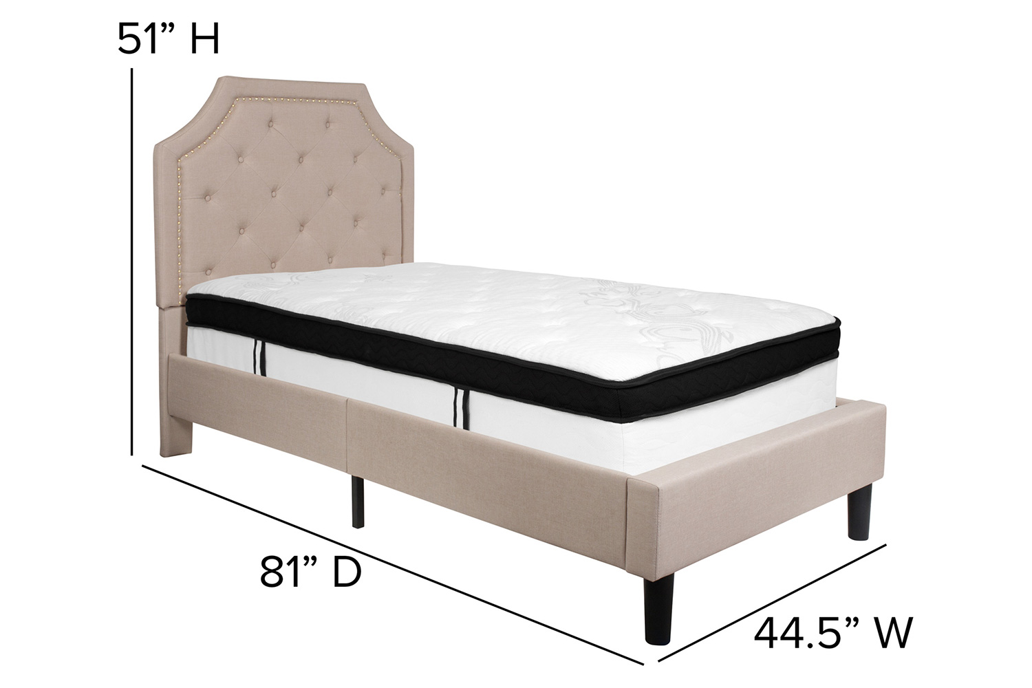 BLNK Brighton Tufted Upholstered Platform Bed with Memory Foam Mattress - Beige, Twin Size