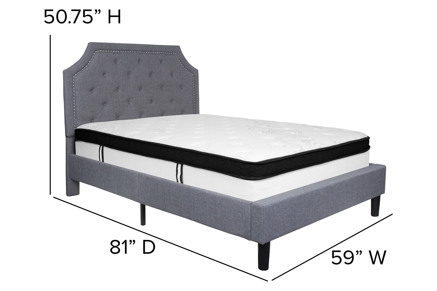 BLNK Brighton Tufted Upholstered Platform Bed with Memory Foam Mattress - Light Gray, Full Size