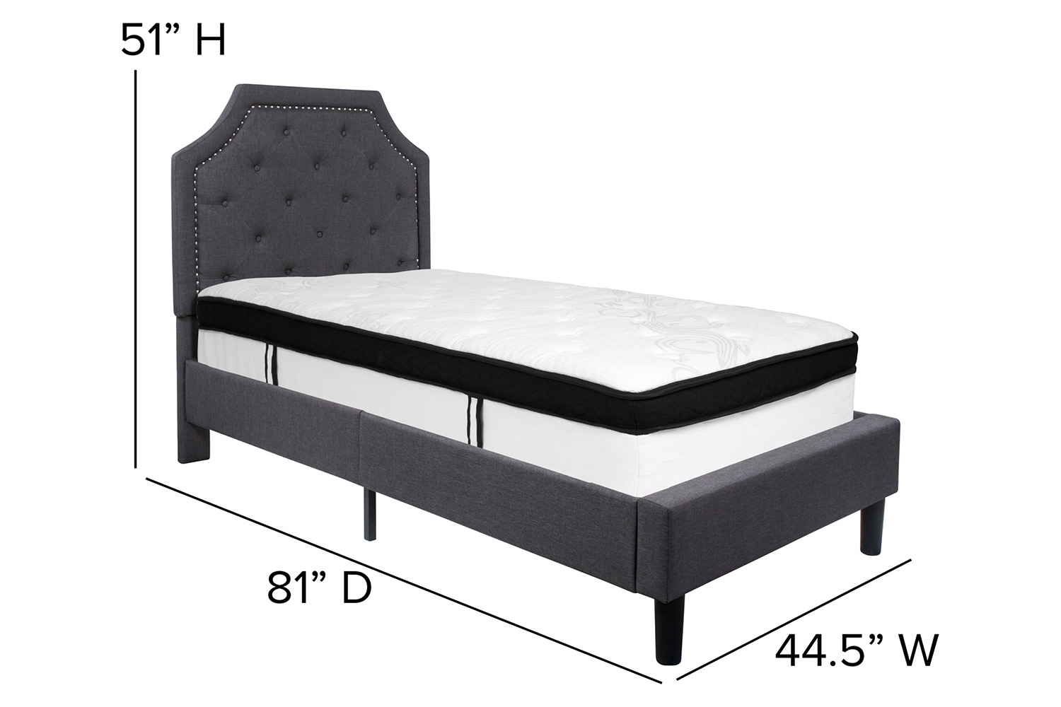 BLNK Brighton Tufted Upholstered Platform Bed with Memory Foam Mattress - Dark Gray, Twin Size