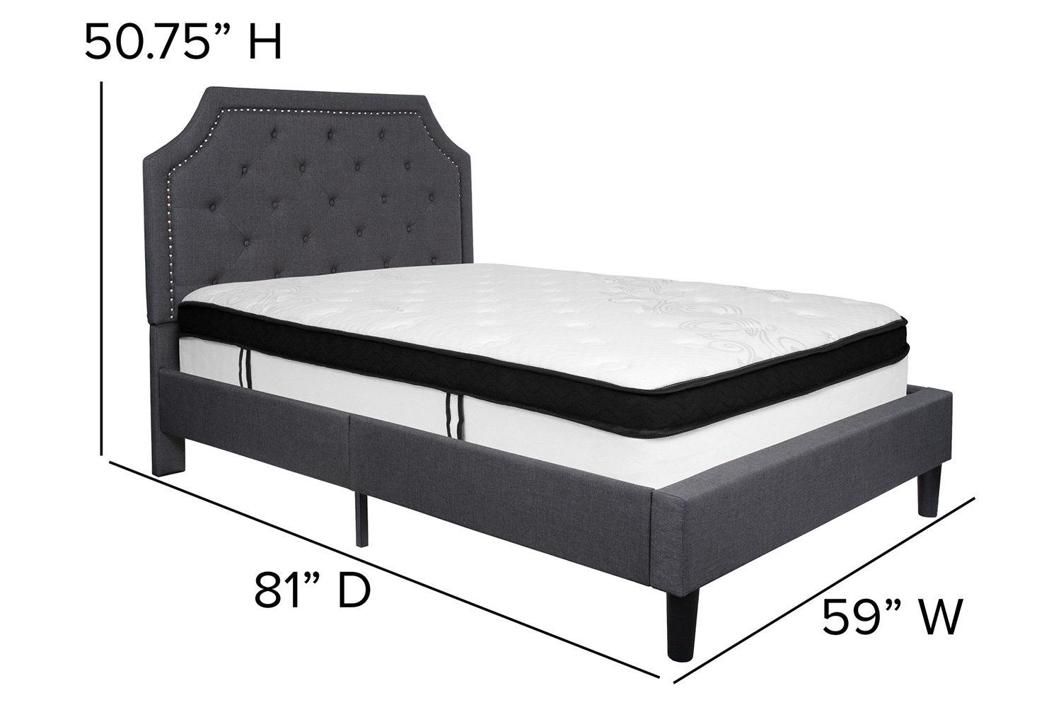 BLNK Brighton Tufted Upholstered Platform Bed with Memory Foam Mattress - Dark Gray, Full Size