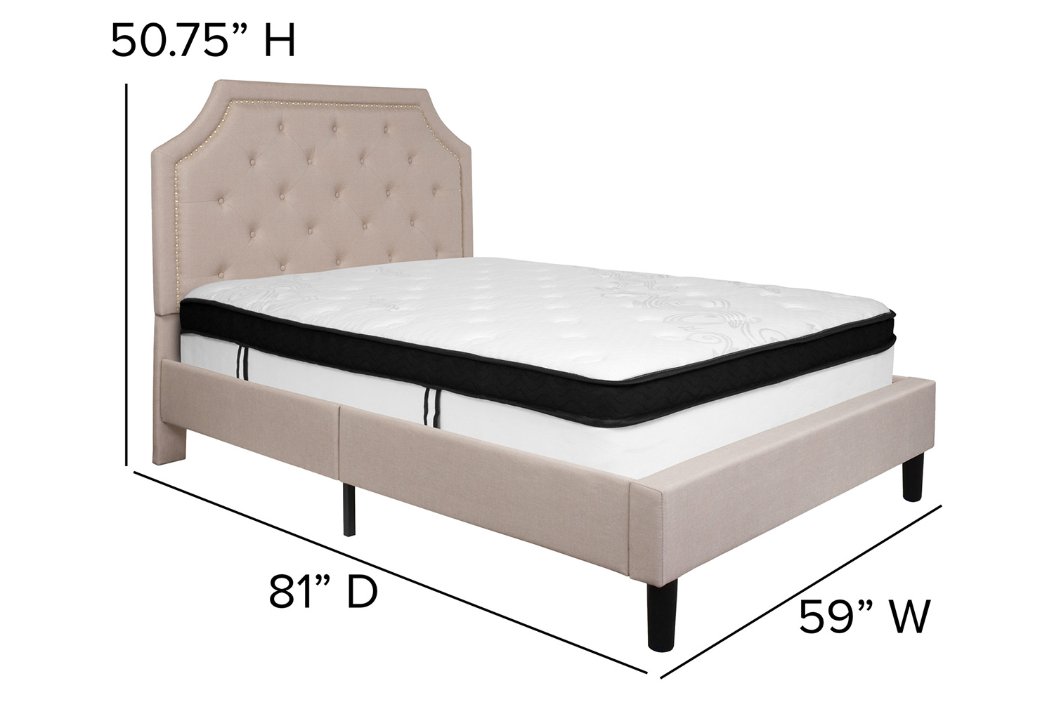 BLNK Brighton Tufted Upholstered Platform Bed with Memory Foam Mattress - Beige, Full Size