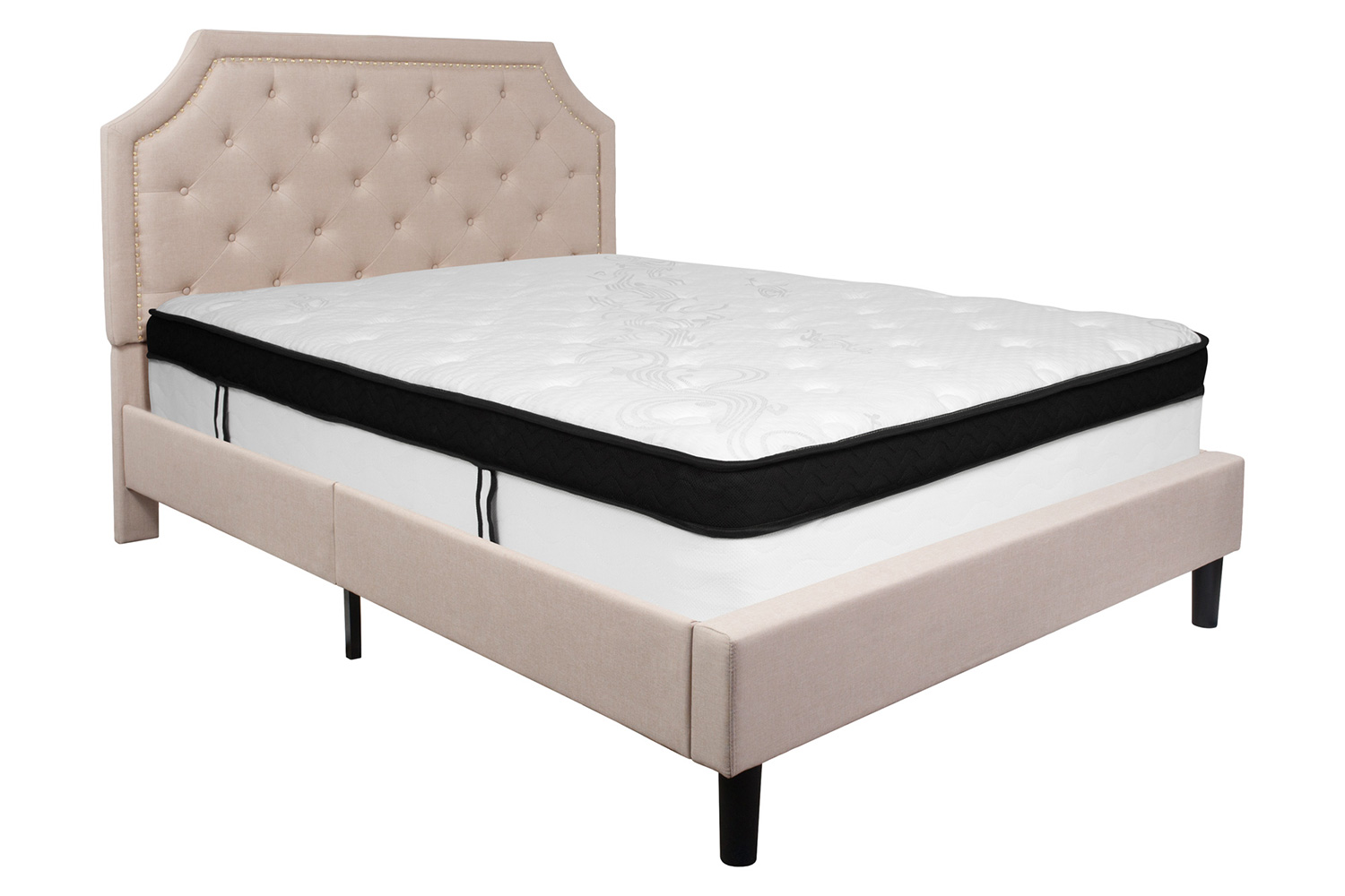 BLNK Brighton Tufted Upholstered Platform Bed with Memory Foam Mattress - Beige, Queen Size