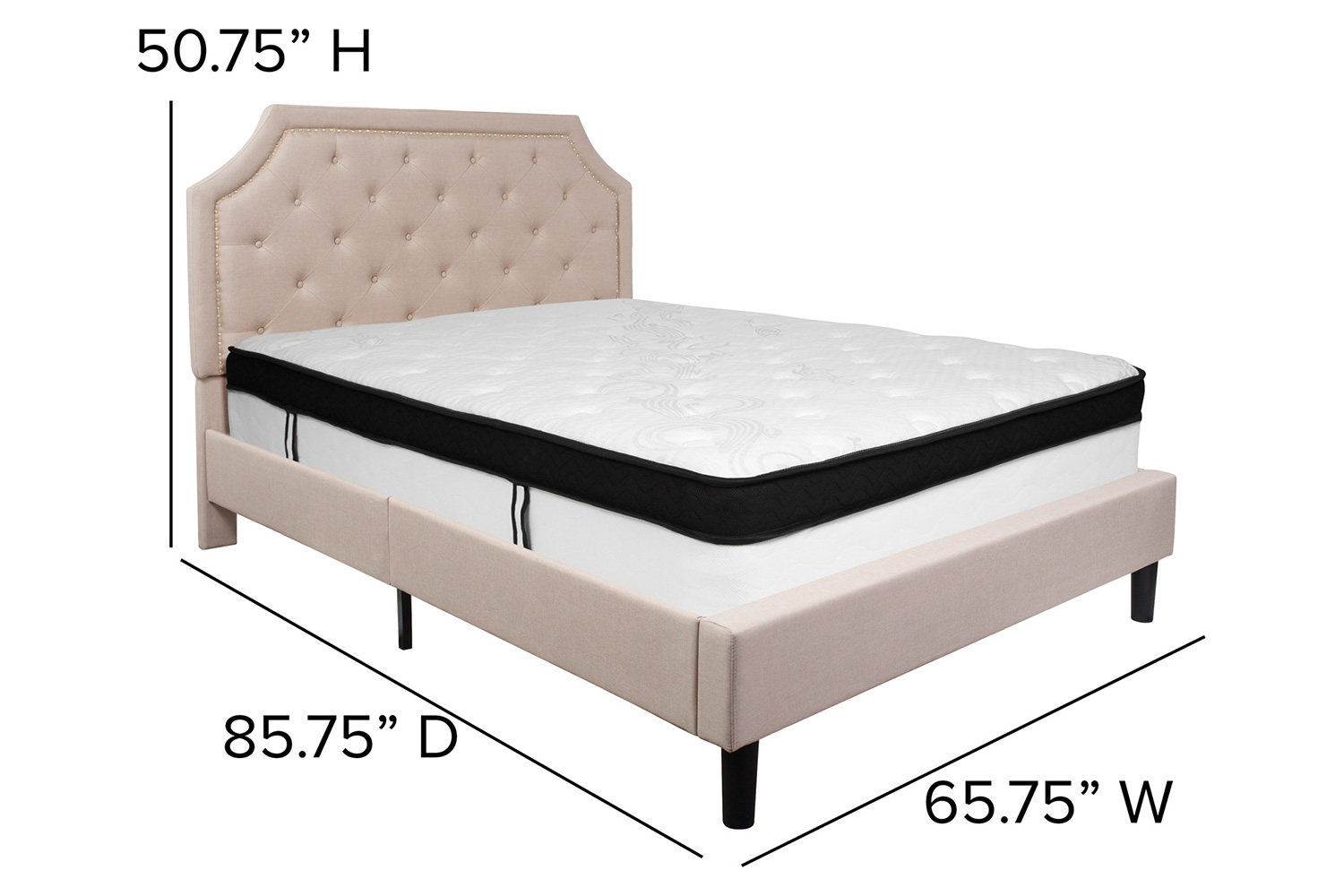 BLNK Brighton Tufted Upholstered Platform Bed with Memory Foam Mattress - Beige, Queen Size