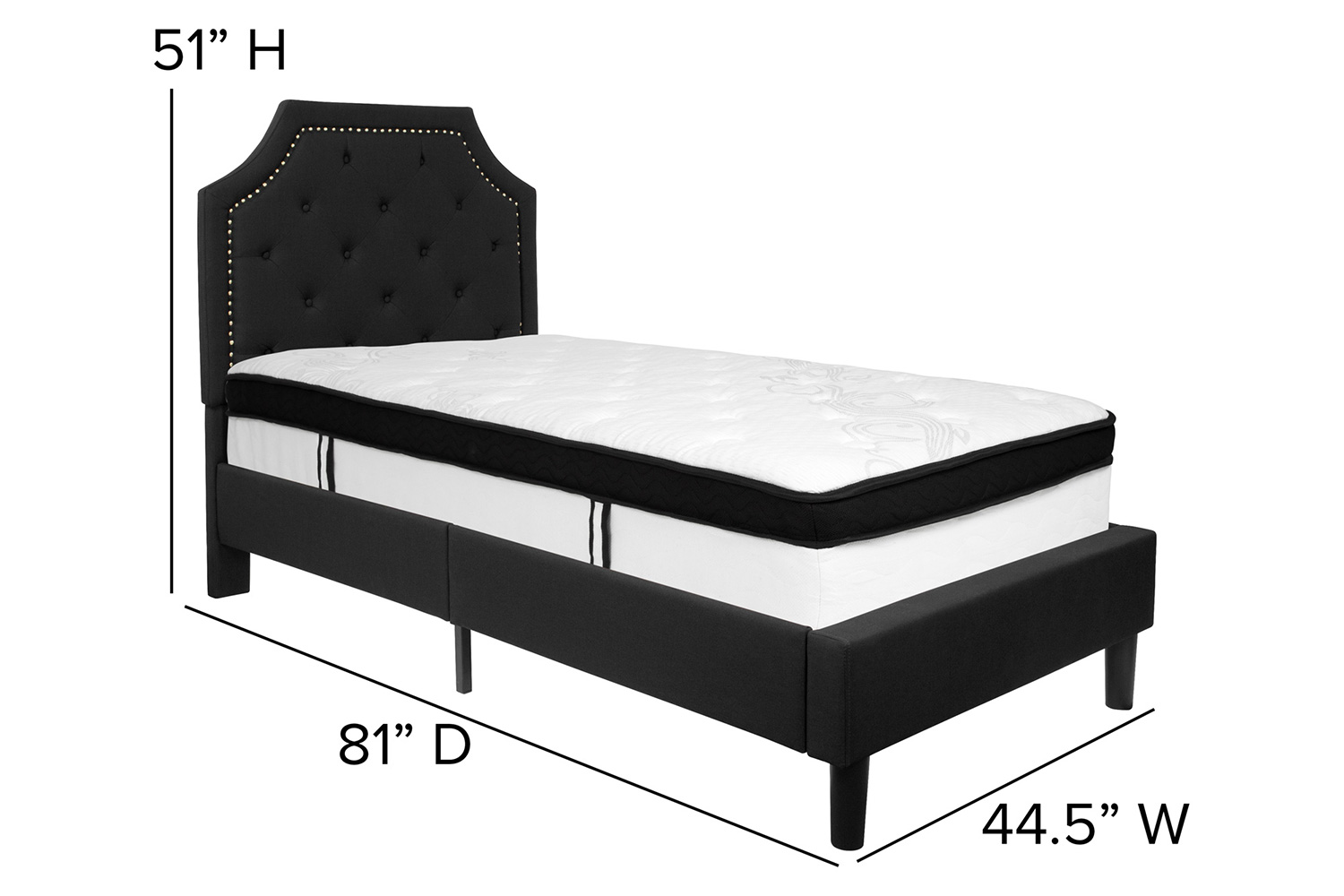 BLNK Brighton Tufted Upholstered Platform Bed with Memory Foam Mattress - Black, Twin Size