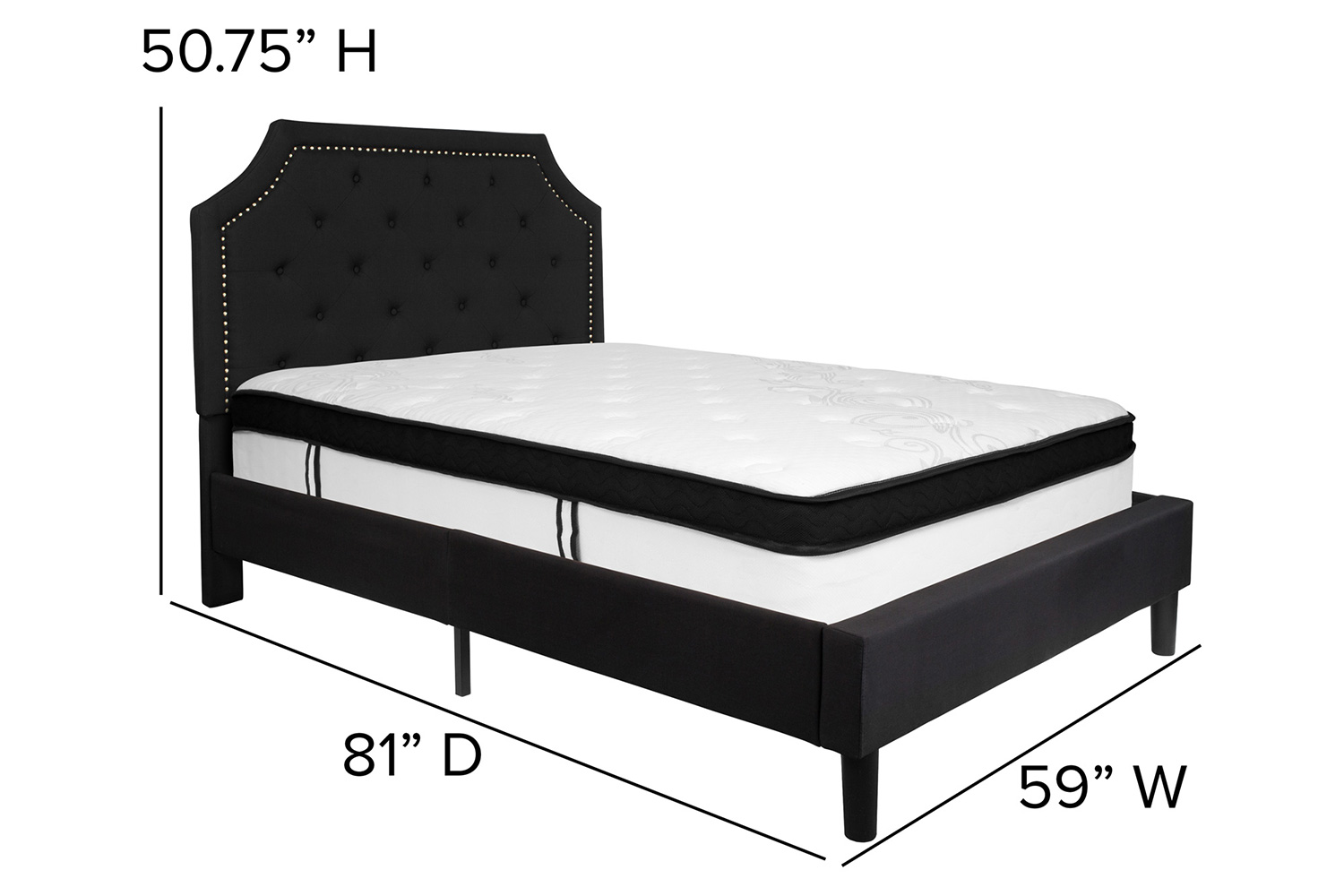 BLNK Brighton Tufted Upholstered Platform Bed with Memory Foam Mattress - Black, Full Size