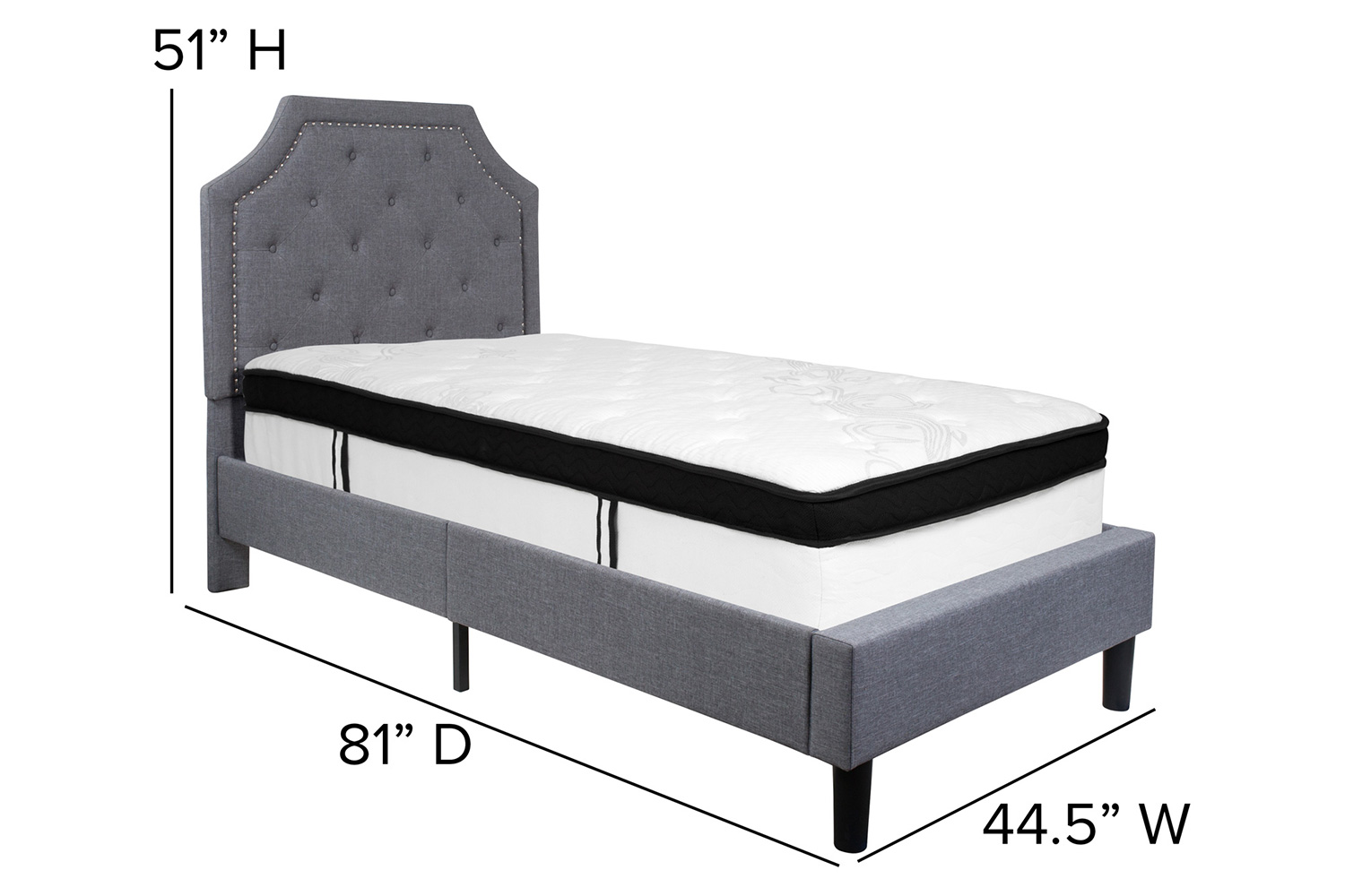 BLNK Brighton Tufted Upholstered Platform Bed with Memory Foam Mattress - Light Gray, Twin Size