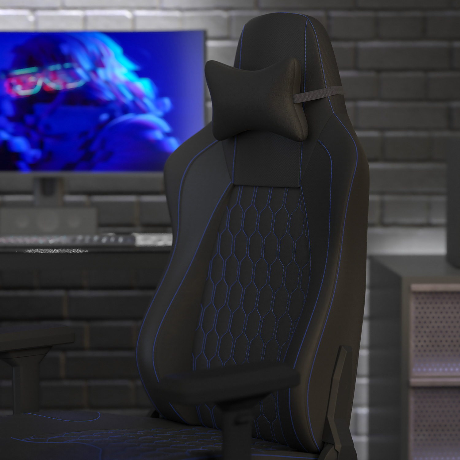 BLNK Falco Ergonomic Black High-Back Adjustable Gaming Chair with 4D Armrests, Headrest Pillow, and Adjustable Lumbar Support - with Blue Stitching