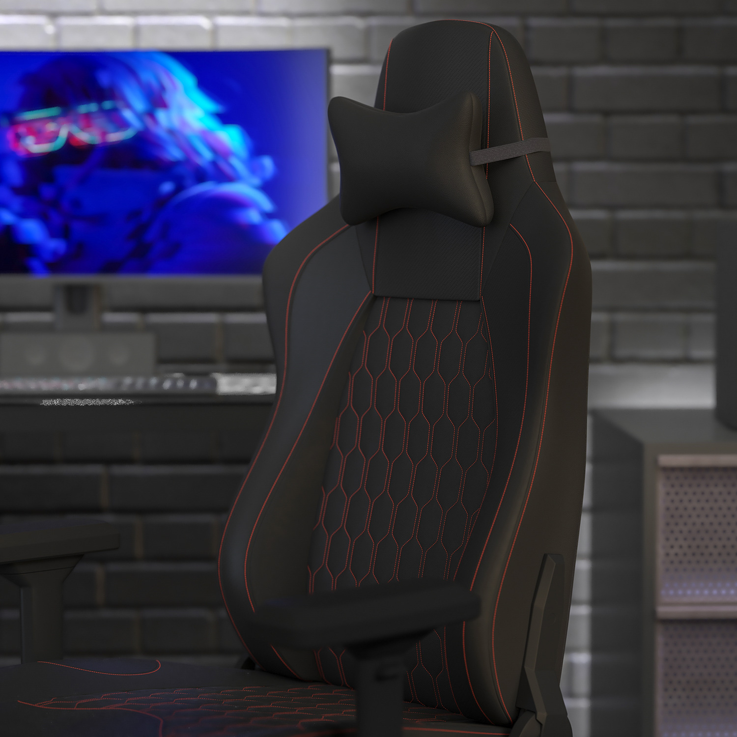 BLNK Falco Ergonomic Black High-Back Adjustable Gaming Chair with 4D Armrests, Headrest Pillow, and Adjustable Lumbar Support - with Red Stitching