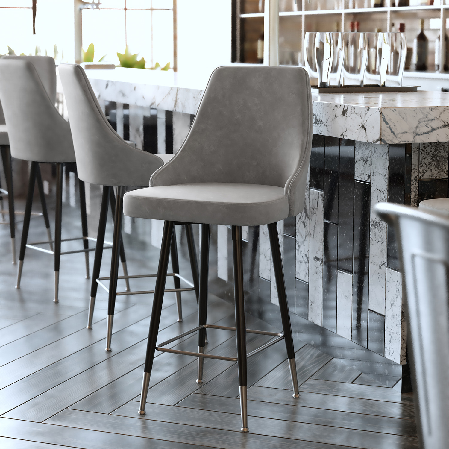 BLNK Shelly Commercial LeatherSoft Counter Height Bar Stools with Solid Black Frames and Chrome Accented Feet and Footrests Set of 2 - Gray