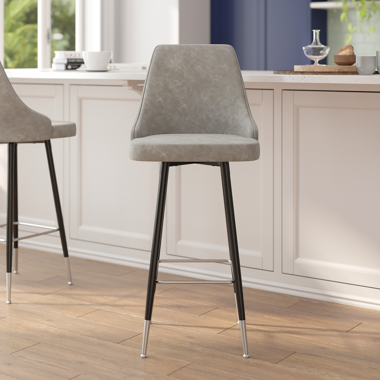 BLNK Shelly Commercial LeatherSoft Bar Height Stools with Solid Black Frames and Chrome Accented Feet and Footrests Set of 2