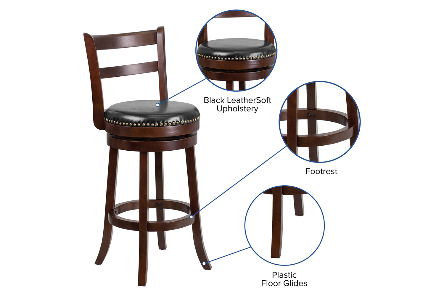 BLNK - Becca Cappuccino Wood Bar Stool with Single Slat Ladder Back and Black Swivel Seat