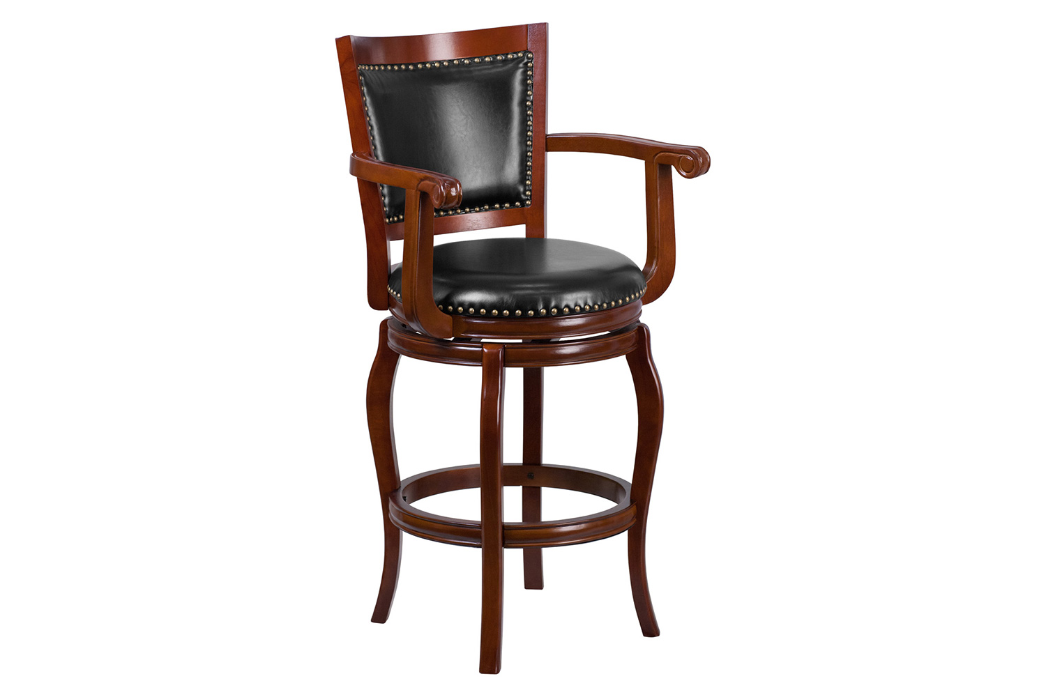 BLNK - Vestina Cherry Wood Bar Stool with Arms, Panel Back and Black Swivel Seat