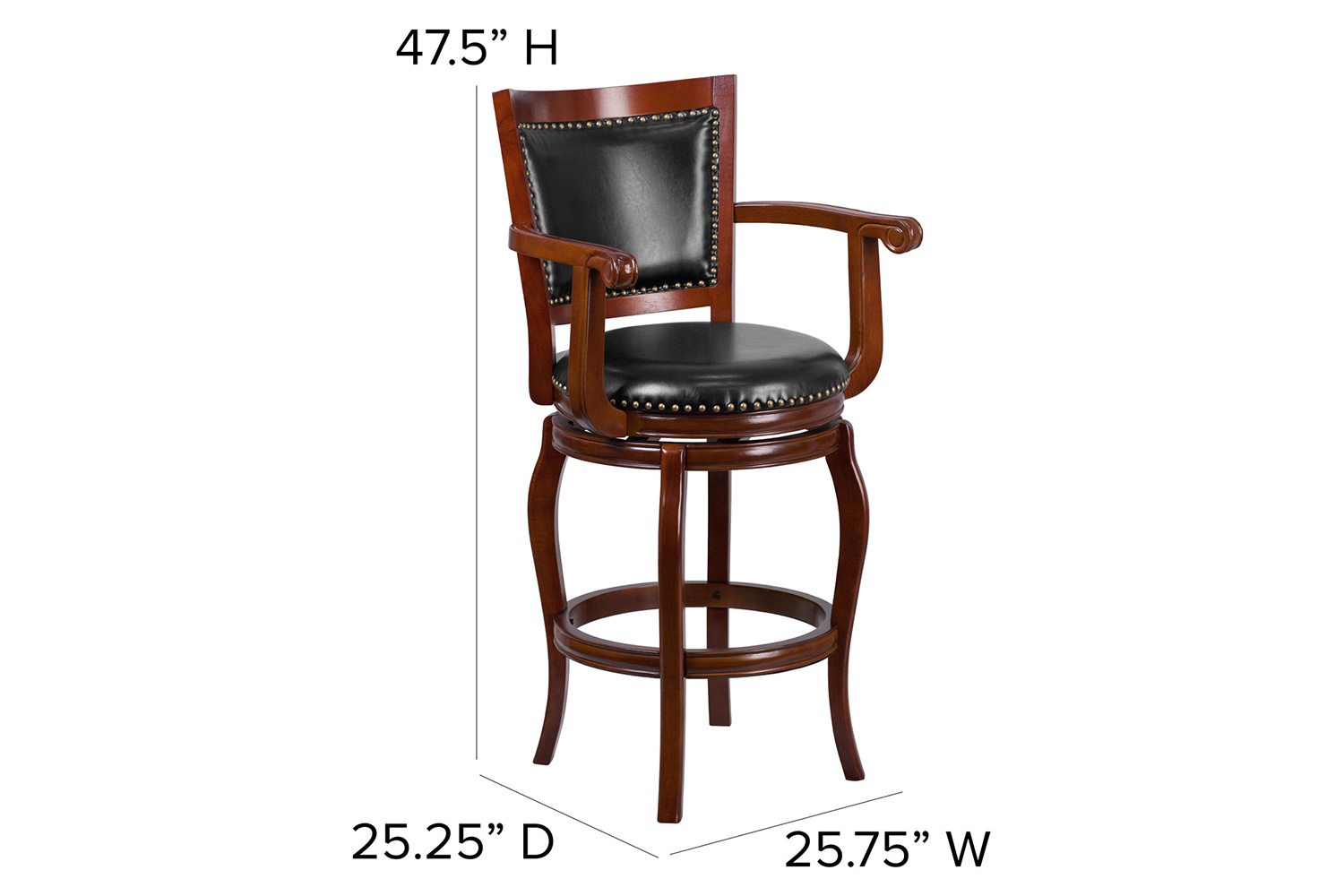 BLNK - Vestina Cherry Wood Bar Stool with Arms, Panel Back and Black Swivel Seat