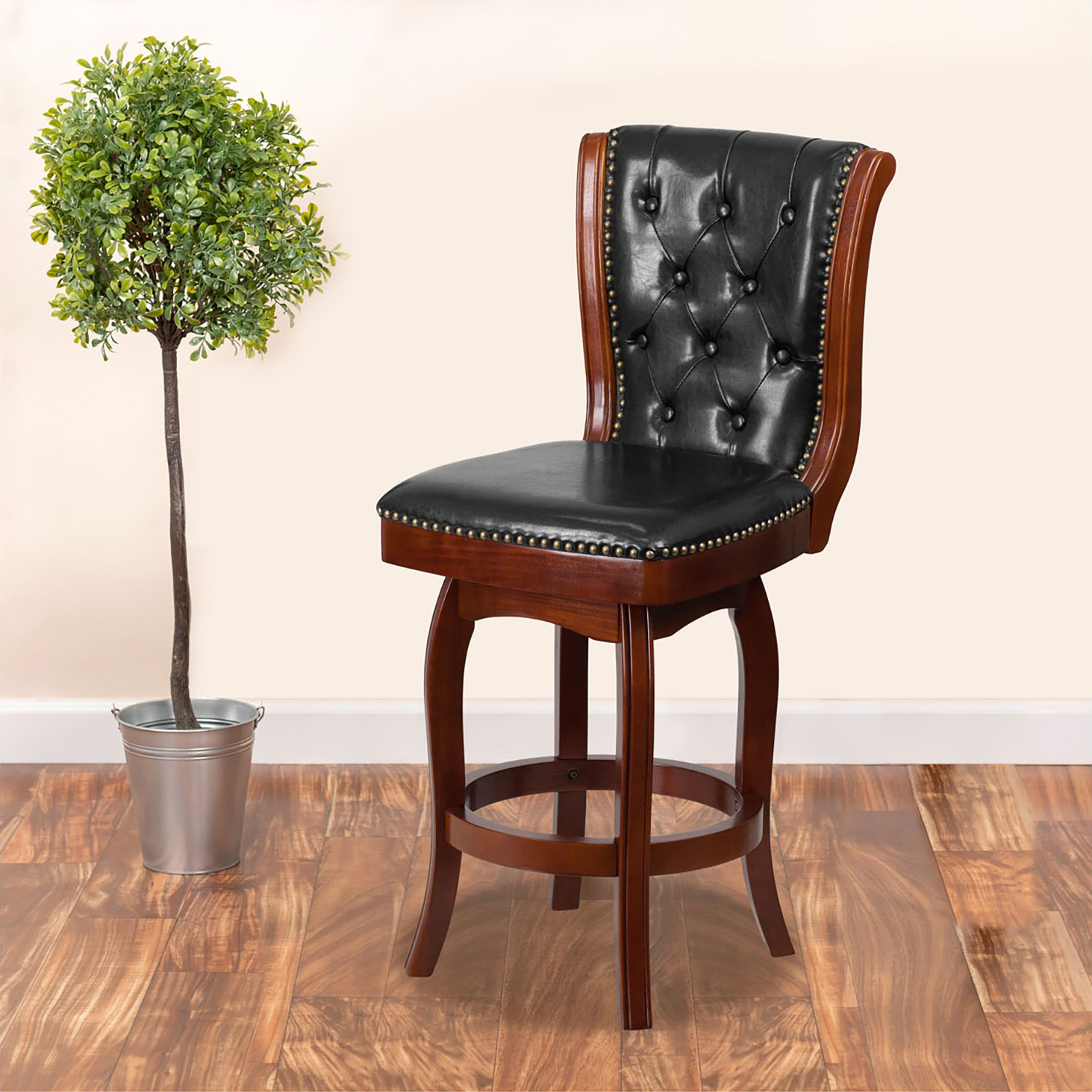 BLNK Wood Counter Height Stool with Button Tufted Back and Black Swivel Seat