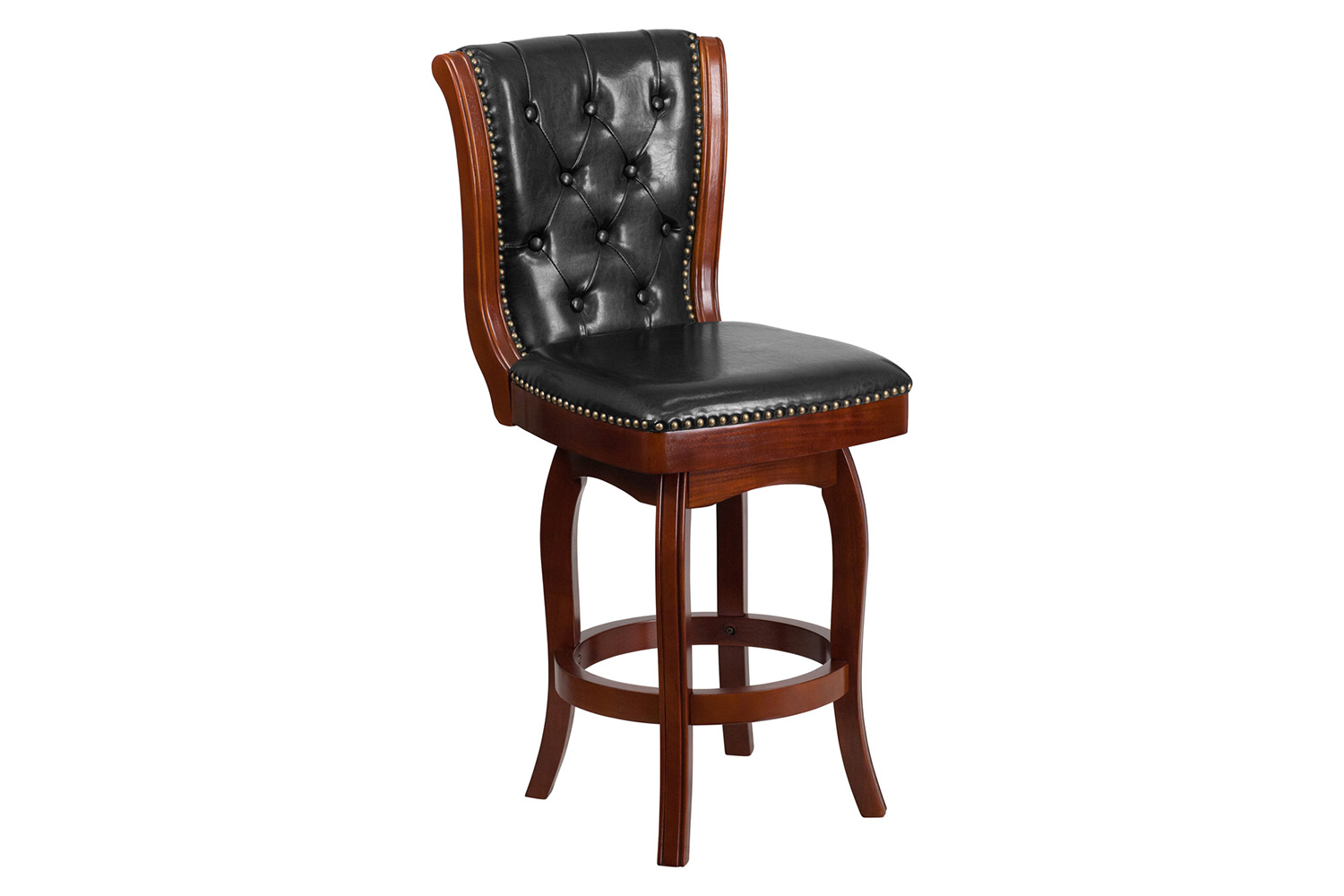 BLNK Wood Counter Height Stool with Button Tufted Back and Black Swivel Seat - Cherry