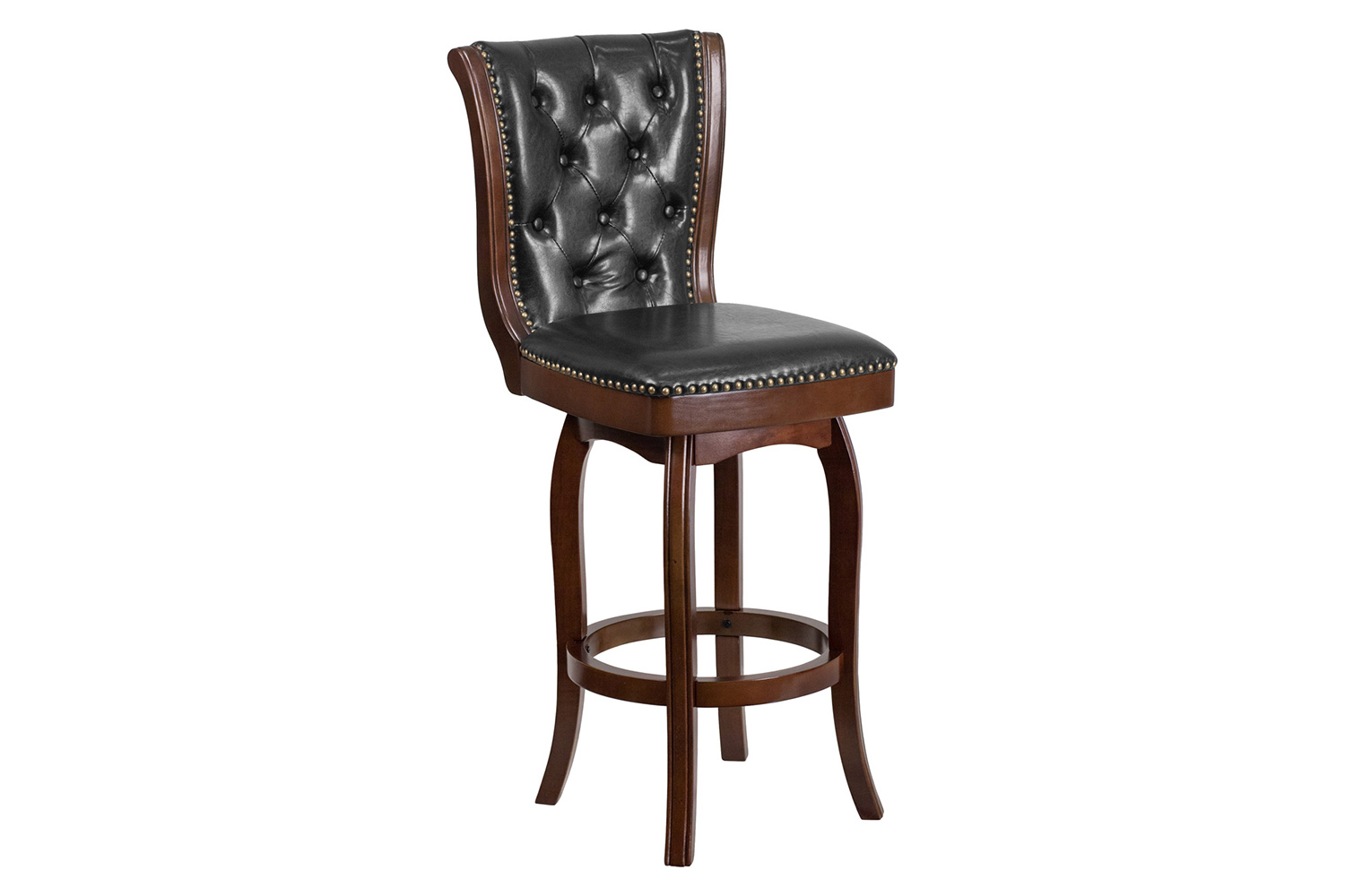 BLNK Ellison Wood Bar Stool with Button Tufted Back and Black Swivel Seat