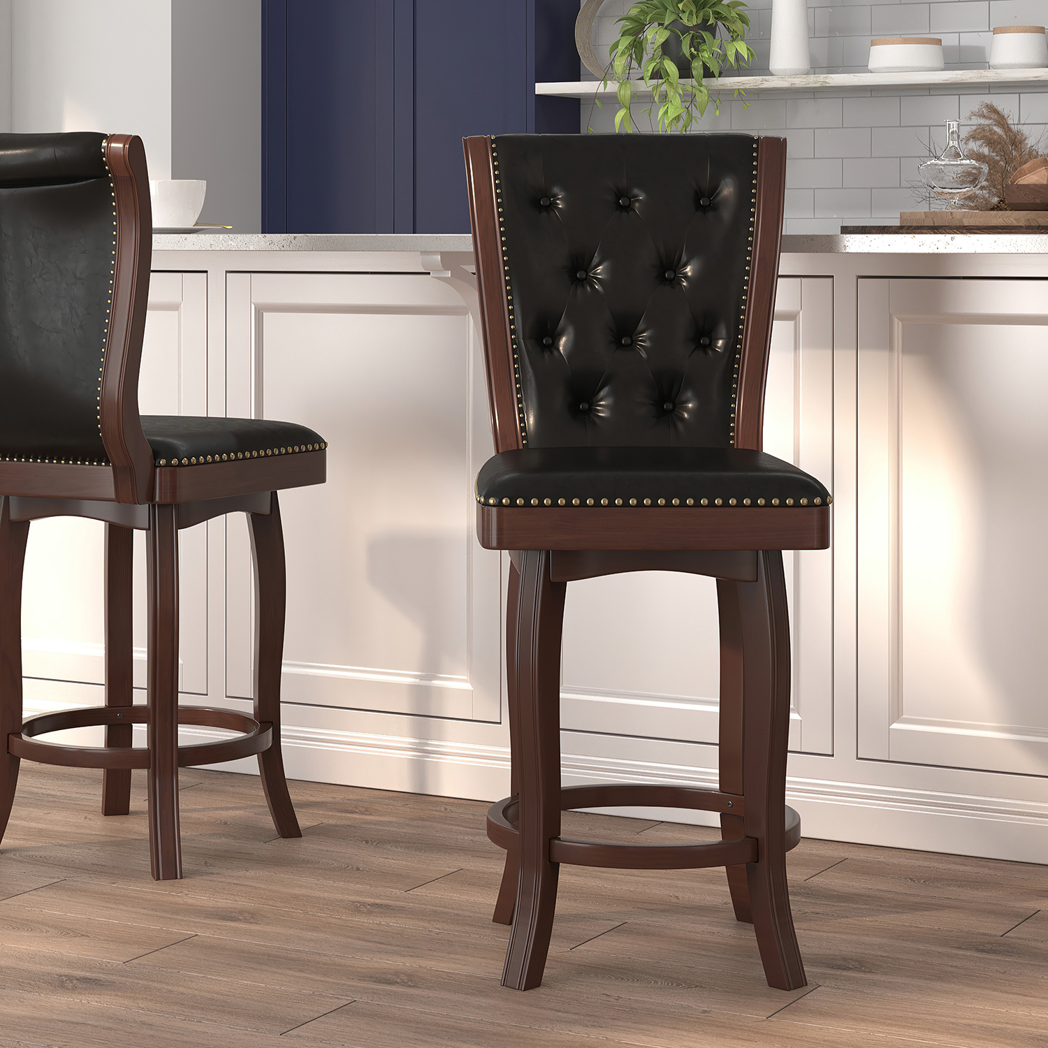 BLNK Ellison Wood Bar Stool with Button Tufted Back and Black Swivel Seat