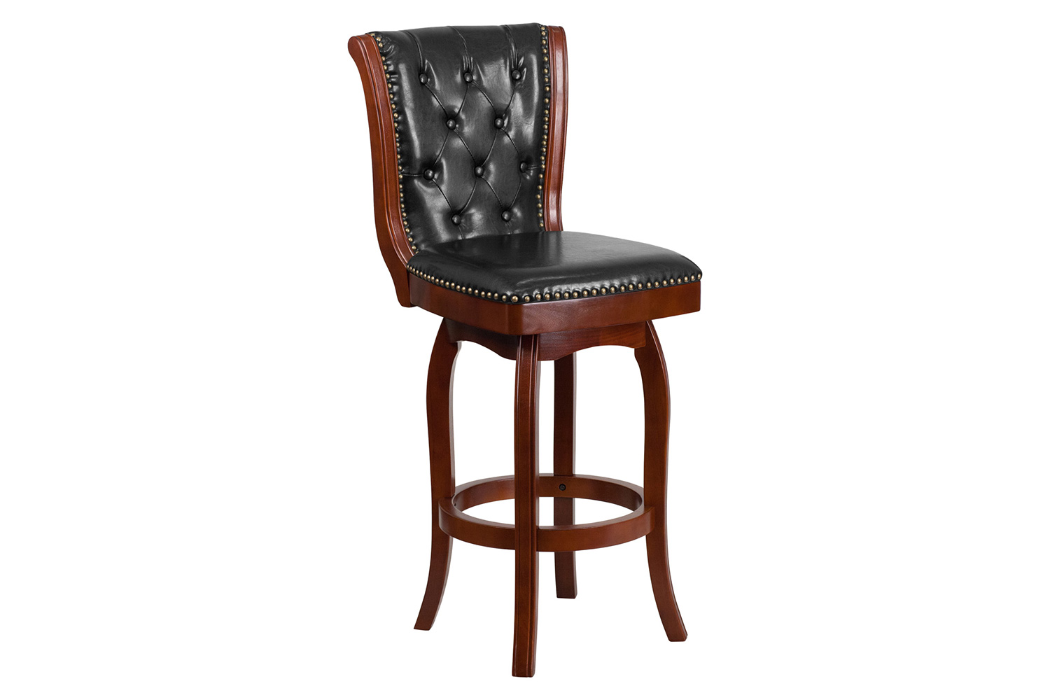 BLNK Ellison Wood Bar Stool with Button Tufted Back and Black Swivel Seat - Cherry