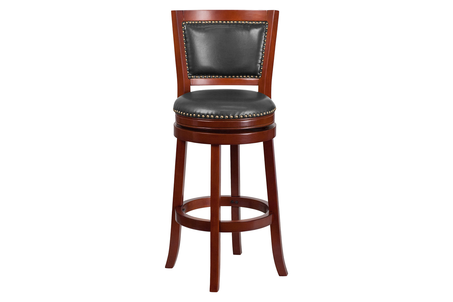 BLNK Ebert Dark Cherry Wood Bar Stool with Open Panel Back and Walnut Swivel Seat