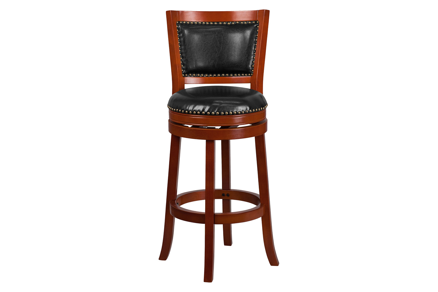 BLNK Ebert Light Cherry Wood Bar Stool with Open Panel Back and Black Swivel Seat