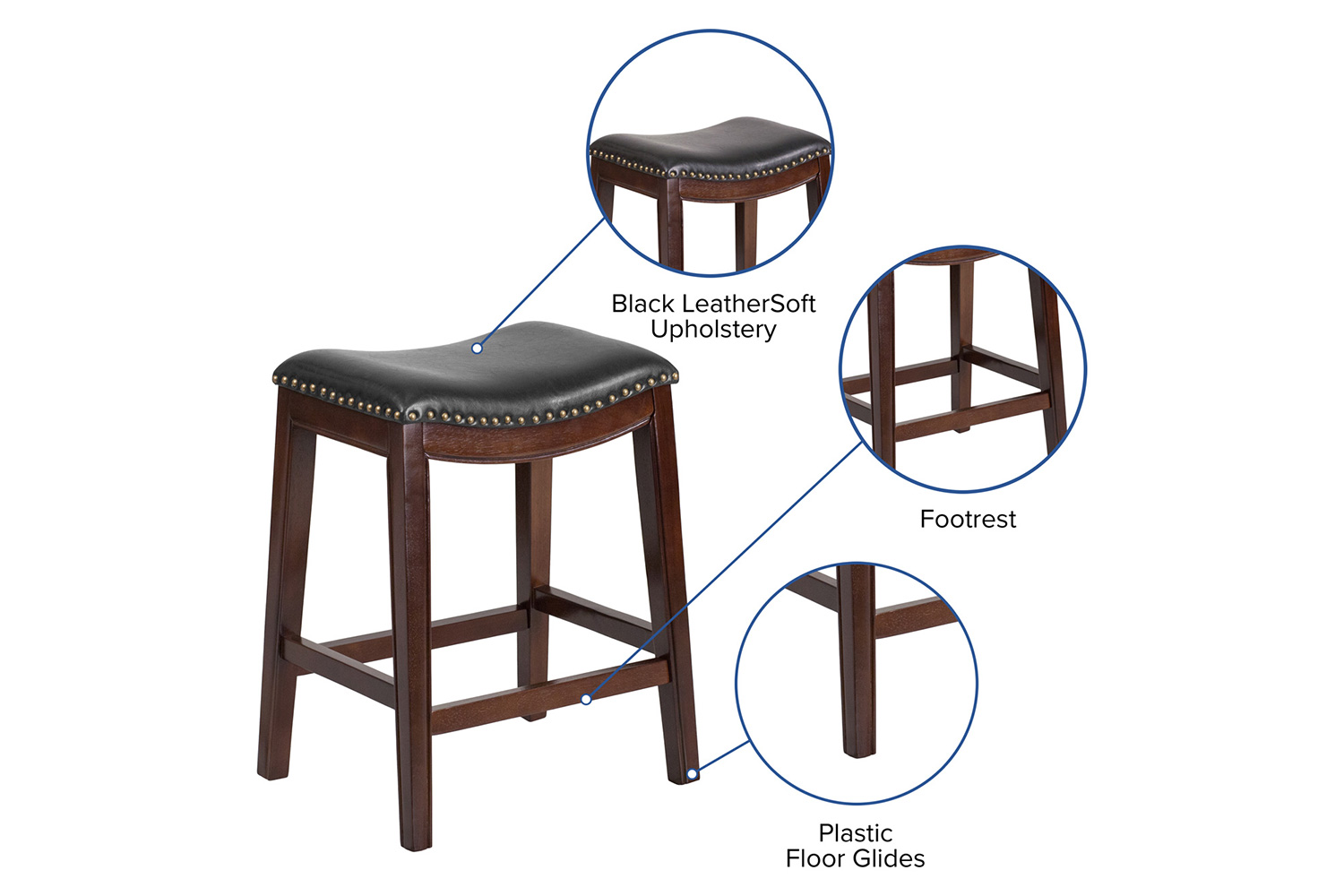 BLNK Alphus Wood Backless Counter Height Stool with Black Saddle Seat - Cappuccino