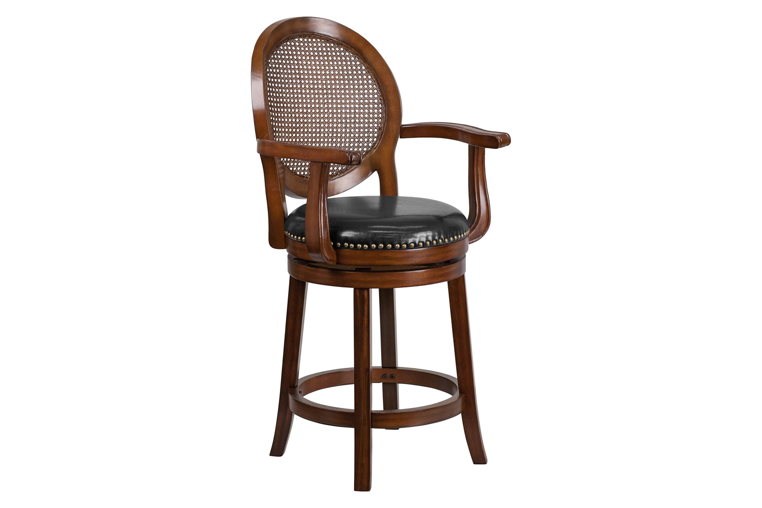 BLNK - Victor Expresso Wood Counter Height Stool with Arms, Woven Rattan Back and Black Swivel Seat