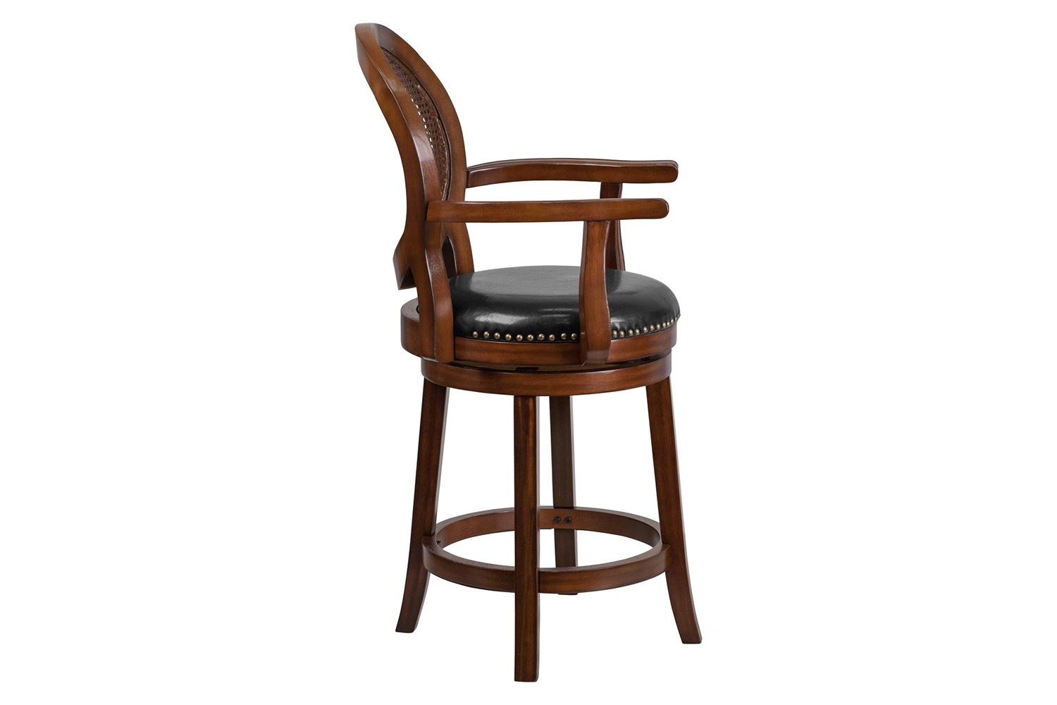 BLNK - Victor Expresso Wood Counter Height Stool with Arms, Woven Rattan Back and Black Swivel Seat