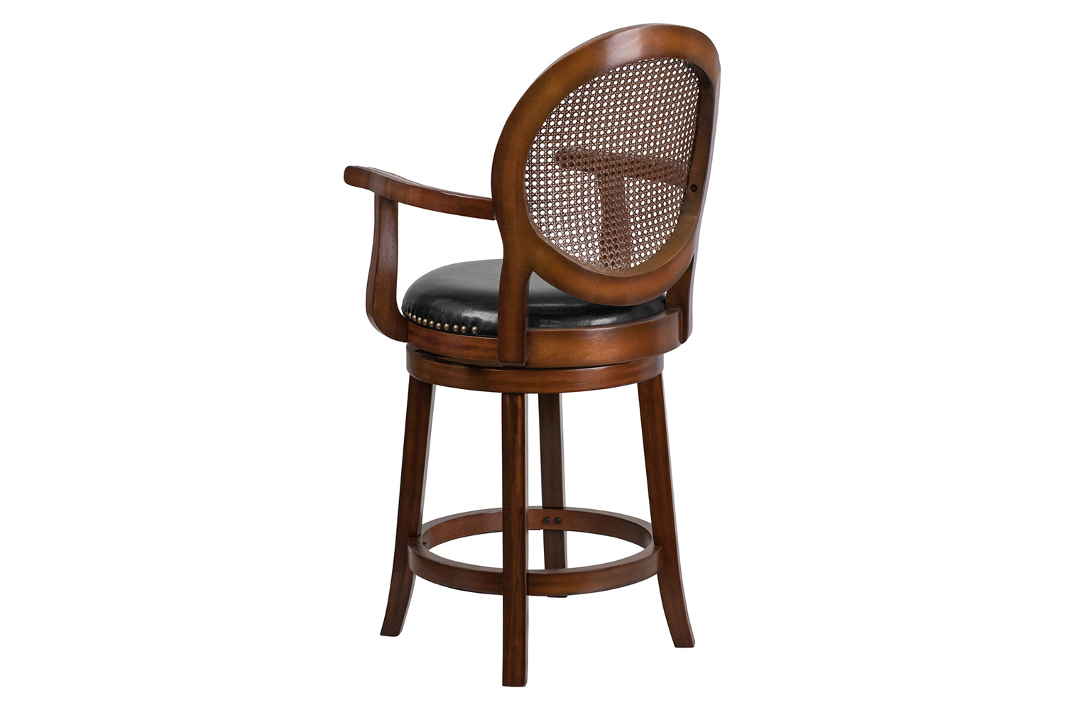 BLNK - Victor Expresso Wood Counter Height Stool with Arms, Woven Rattan Back and Black Swivel Seat