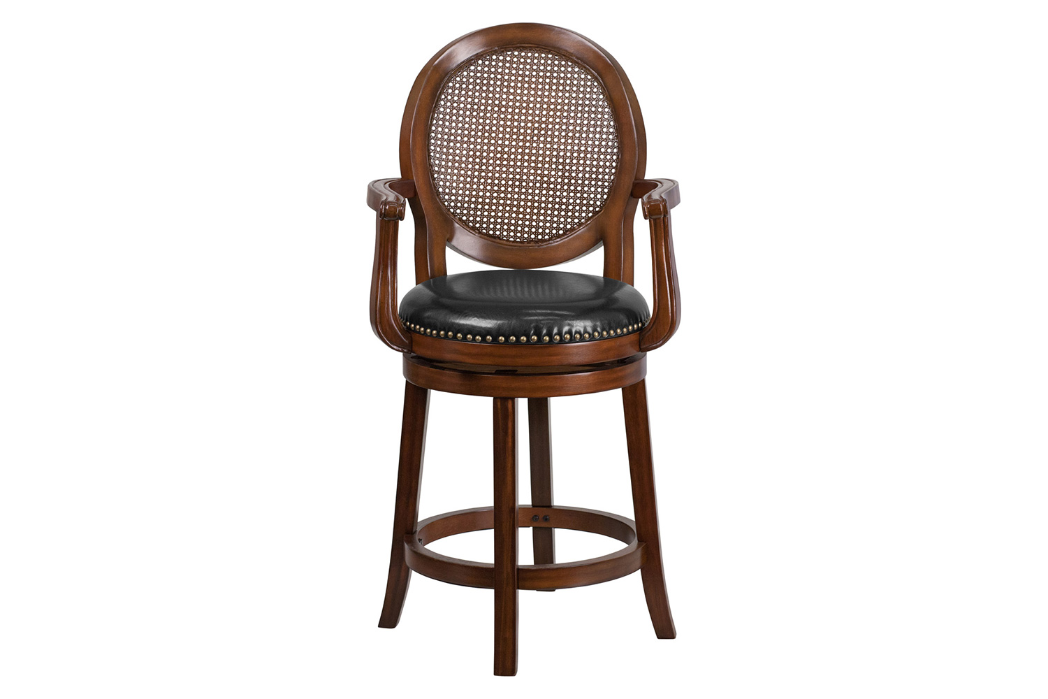 BLNK - Victor Expresso Wood Counter Height Stool with Arms, Woven Rattan Back and Black Swivel Seat