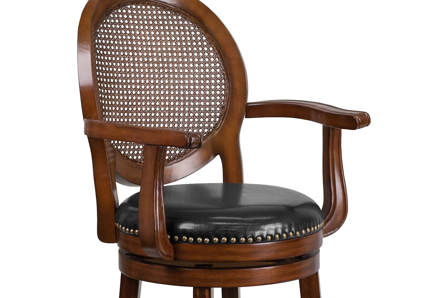 BLNK - Victor Expresso Wood Counter Height Stool with Arms, Woven Rattan Back and Black Swivel Seat